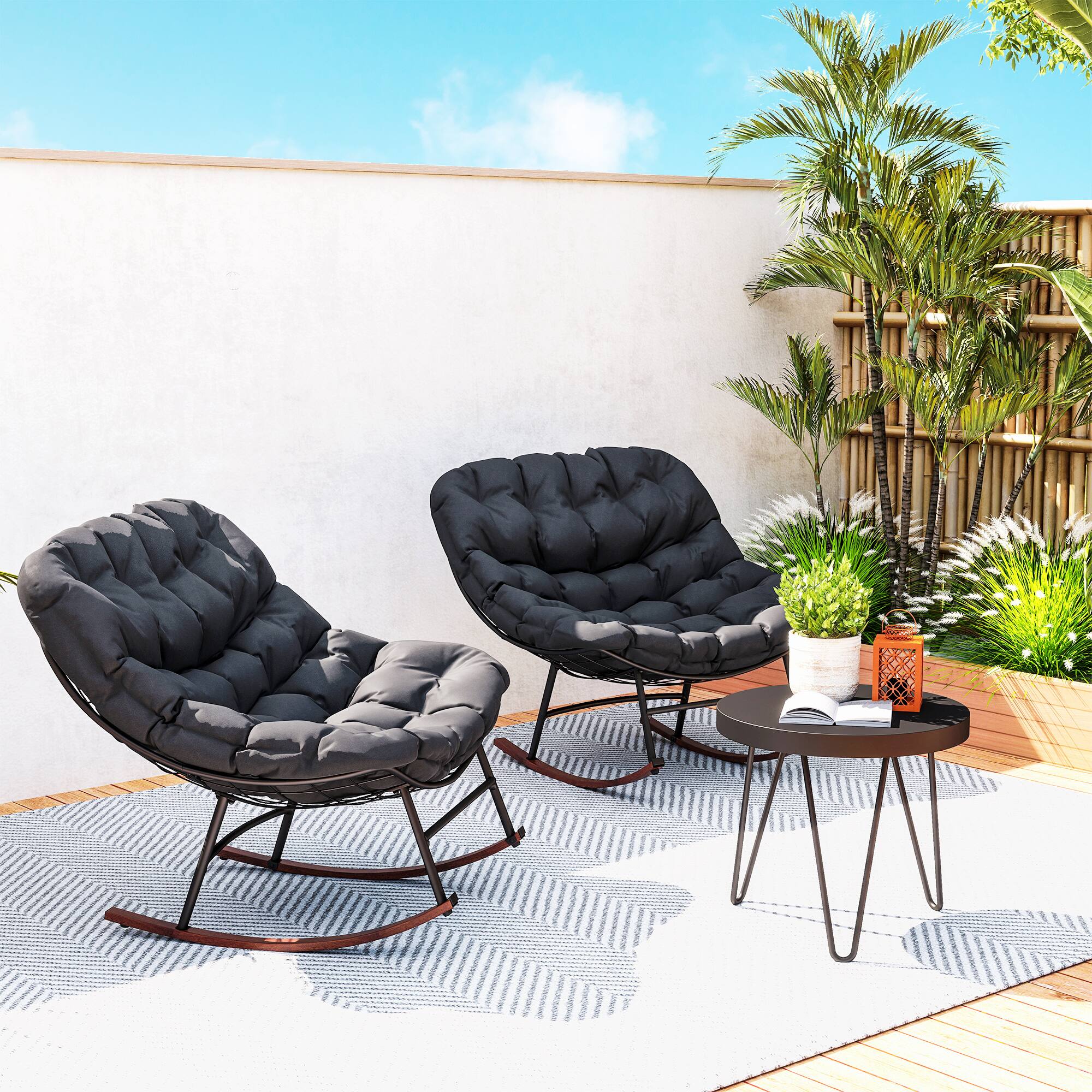 Alt View 7. Outsunny - Rocking Chair Patio Set of 2, Oversized Rocking Papasan Chairs with Cushions for Garden Porch - Black.