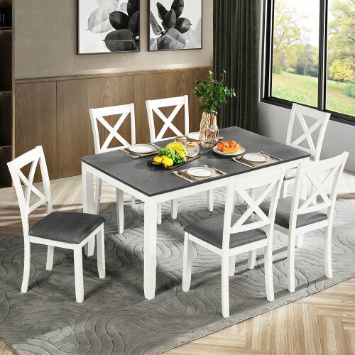 Alt View 4. LUCKY ONE - 7-Piece Dining Set with 58.5" Rectangular Dining Table and 6 X-shaped backrest Chairs - Grey,White.