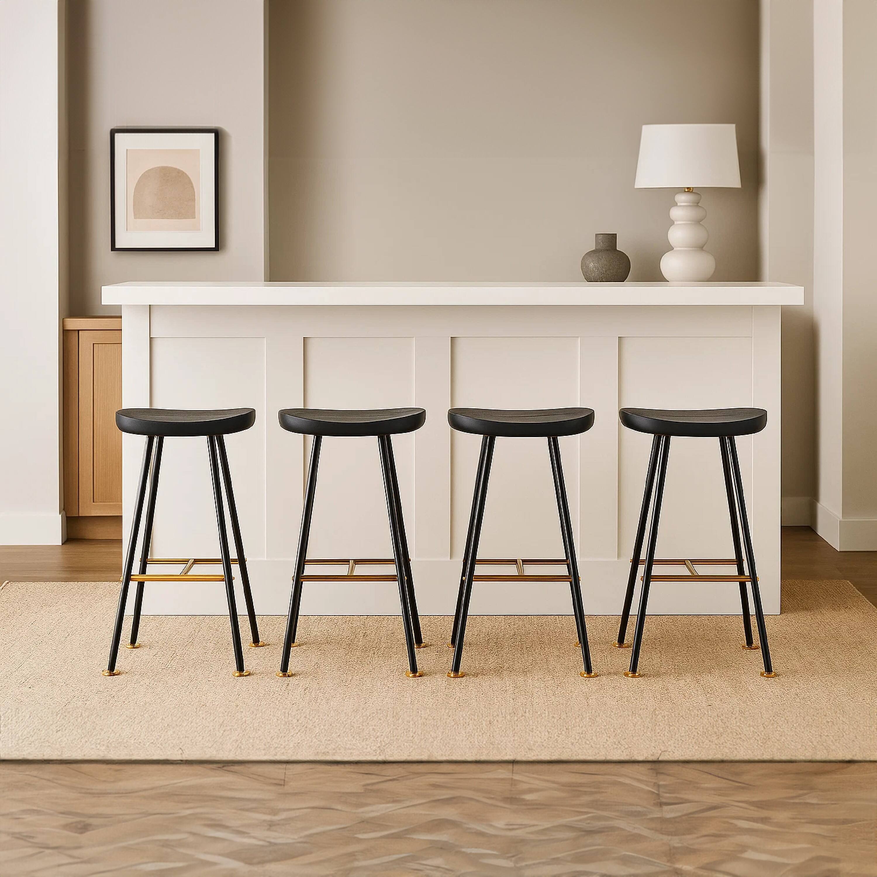 Alt View 9. Manhattan Lane - Elira 24" Backless Counter Stool with Mango Wood Saddle Seat | Black Iron Legs | Gold Footrest - Black, Gold.