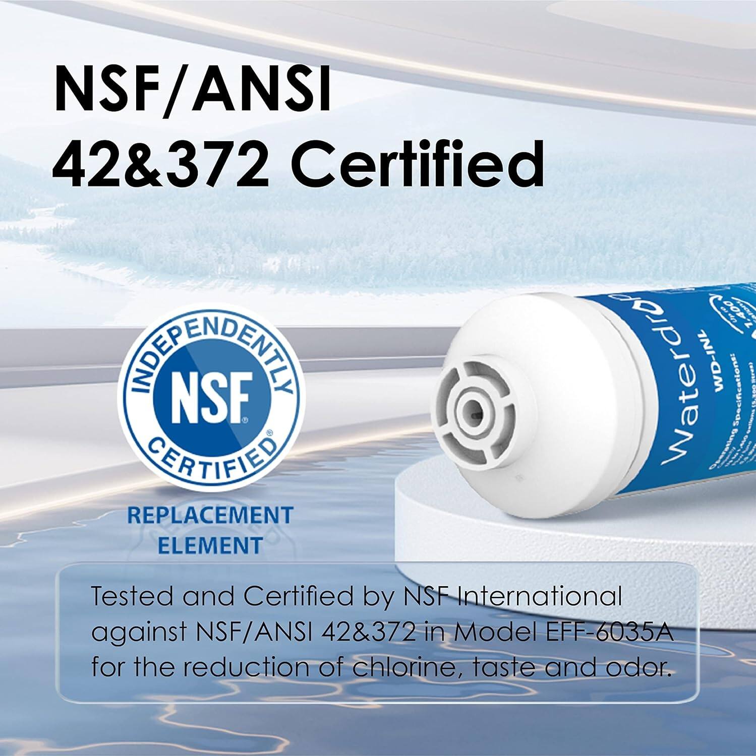 NSF/ANSI 42&372 Certified

INDEPENDENTLY CERTIFIED

REPLACEMENT ELEMENT

Tested and Certified by NSF International against NSF/ANSI 42&372 in Model EFF-6035A for the reduction of chlorine, taste and odor.