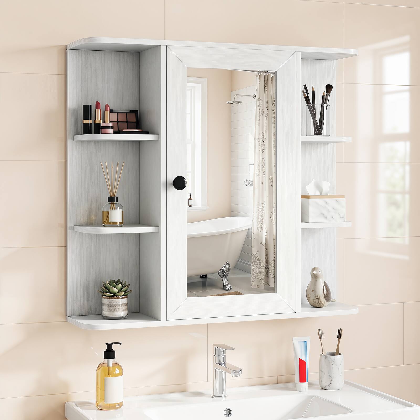 Alt View 5. Costway - Costway Wall Mounted Bathroom Medicine Cabinet with 3 Inner Shelves & 6 Open Side Shelves - White.