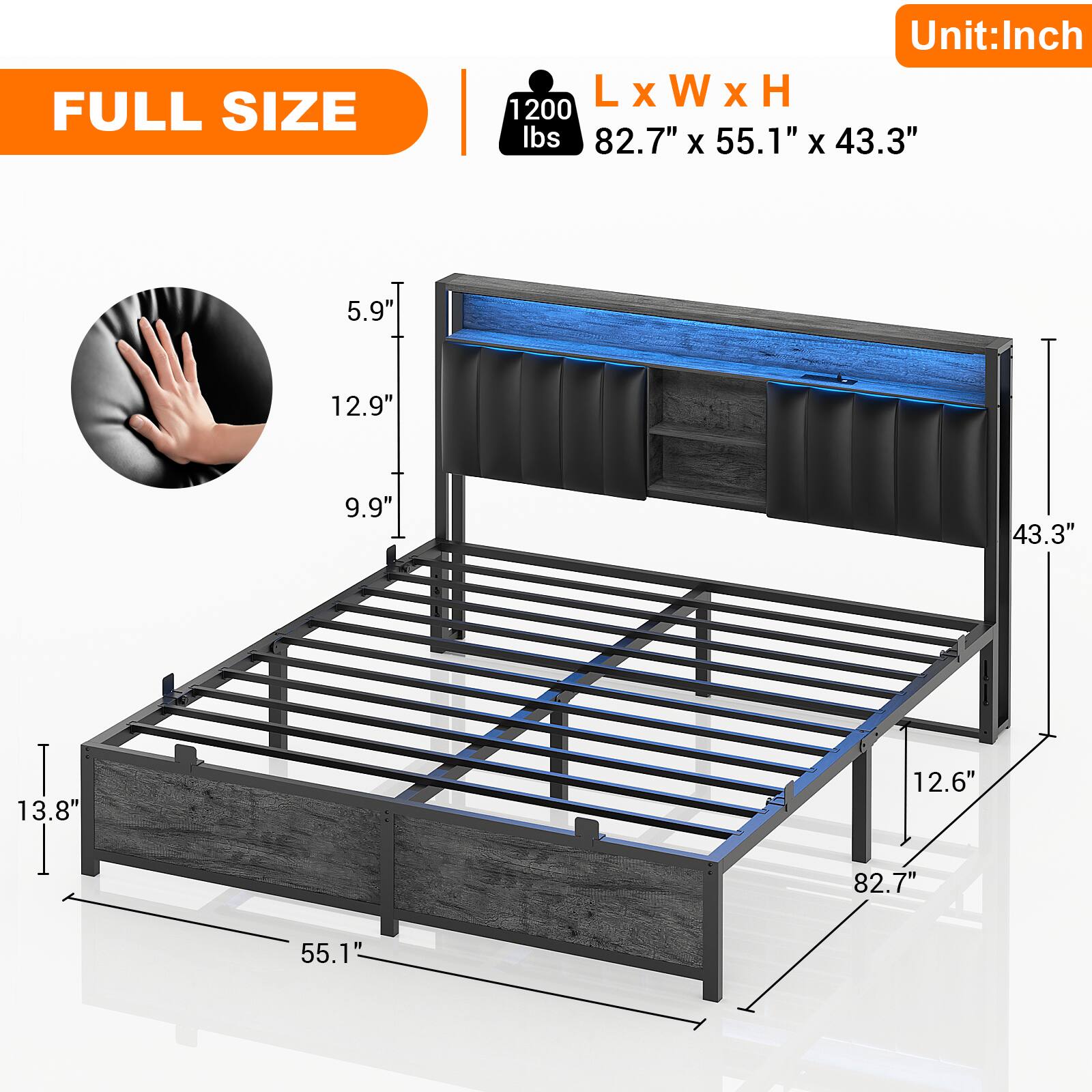 FULL SIZE  
Unit: Inch  
L x W x H  
82.7" x 55.1" x 43.3"  
Weight: 1200 lbs  

Dimensions:  
- 5.9"  
- 12.9"  
- 9.9"  
- 43.3" (T)  
- 13.8"  
- 12.6"  
- 82.7"  
- 55.1"