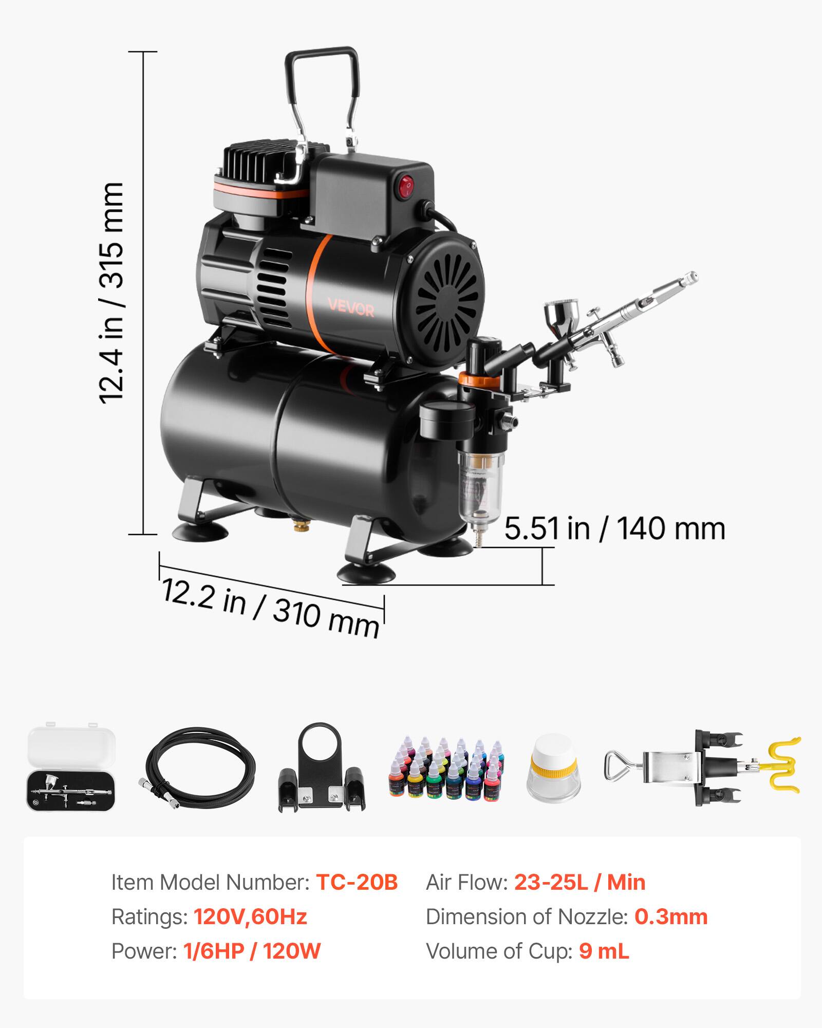 - Item Model Number: TC-20B
- Ratings: 120V, 60Hz
- Power: 1/6HP / 120W
- Air Flow: 23-25L / Min
- Dimension of Nozzle: 0.3mm
- Volume of Cup: 9 mL

Dimensions:
- Height: 12.4 in / 315 mm
- Width: 12.2 in / 310 mm
- Depth: 5.51 in / 140 mm