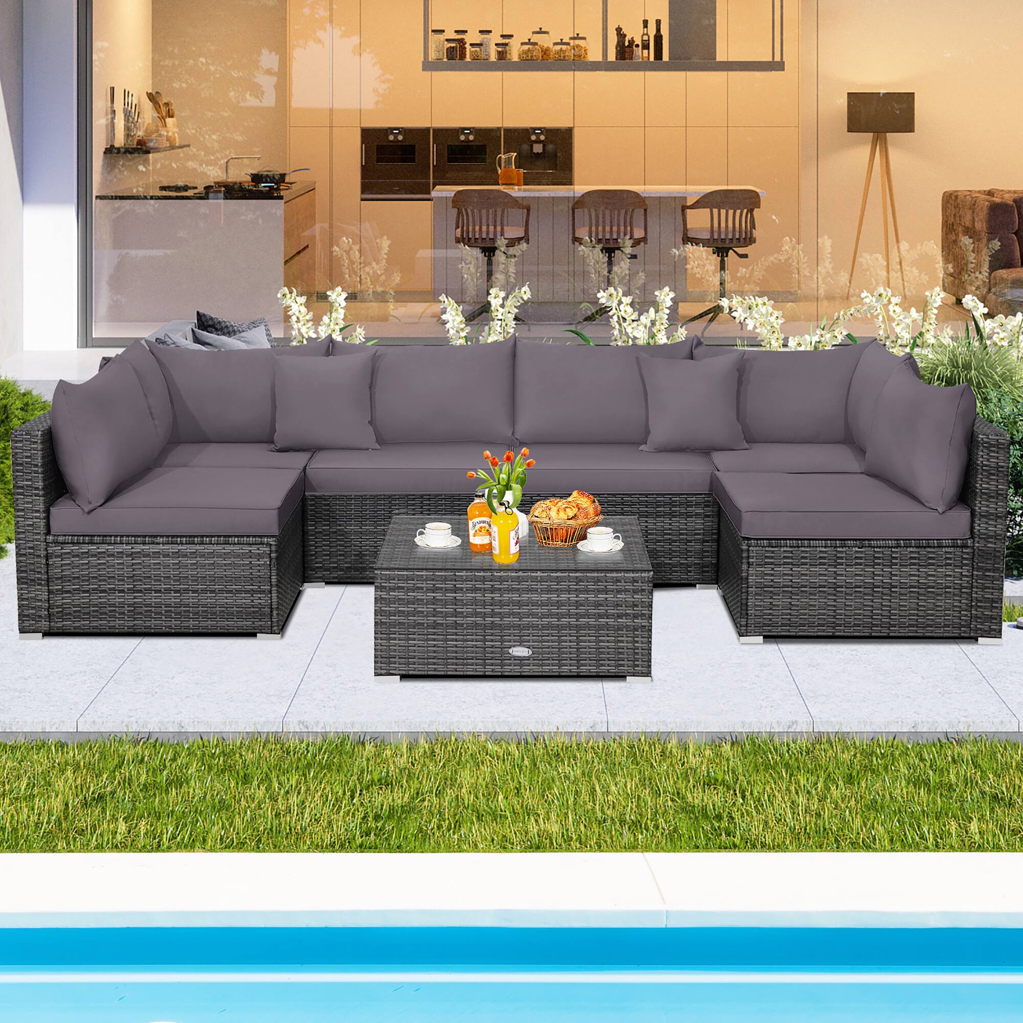 Alt View 1. Costway - 7PCS Patio Rattan Furniture Set Sectional Sofa Cushioned Garden - Gray.