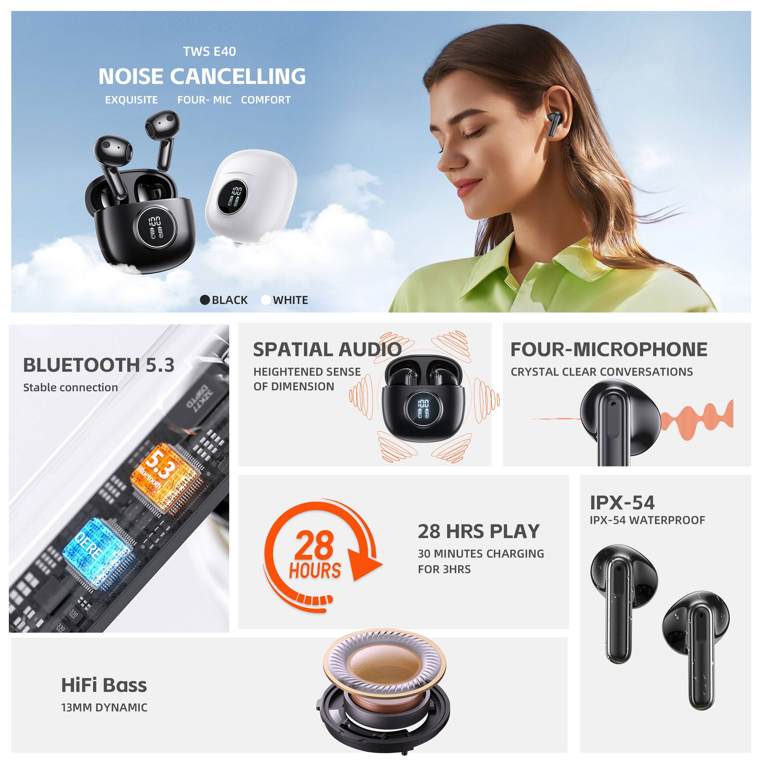 TWS E40  
NOISE CANCELLING  
EXQUISITE FOUR-MIC COMFORT  
BLACK WHITE  

SPATIAL AUDIO  
HEIGHTENED SENSE  

FOUR-MICROPHONE  
CRYSTAL CLEAR CONVERSATIONS  

BLUETOOTH 5.3  
Stable connection  

IPX-54 WATERPROOF  

28 HRS PLAY  
30 MINUTES CHARGING FOR 3 HRS  

HiFi Bass  
13MM DYNAMIC