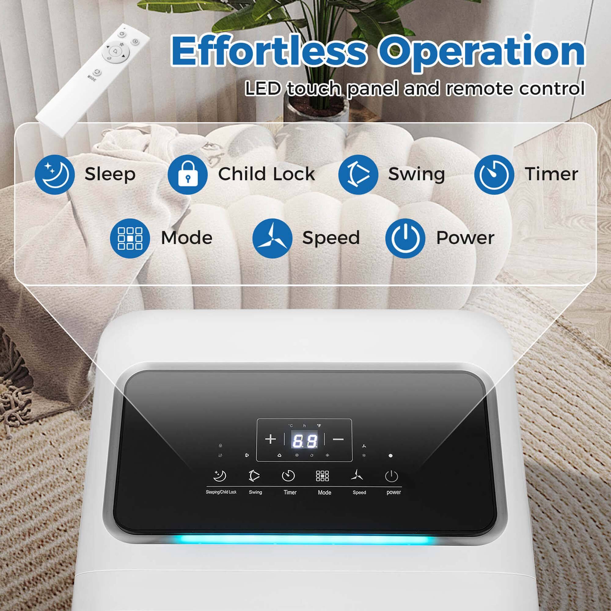 Effortless Operation LED touch panel and remote control Sleep Child Lock Swing Timer Mode Speed Power D + 8 59