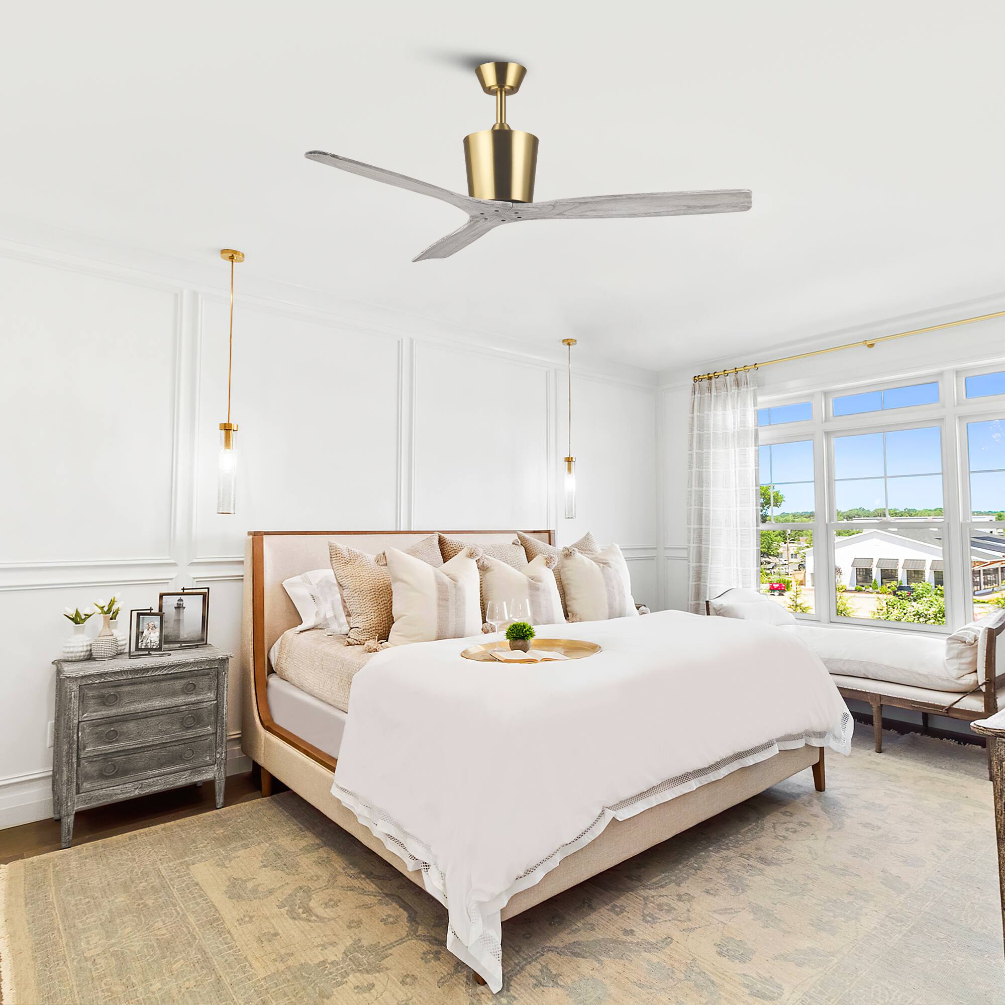 Back. Parrot Uncle - 54" Modern Solid Wood Blades Ceiling Fan with 6 Speed Remote, No Light - Gold.