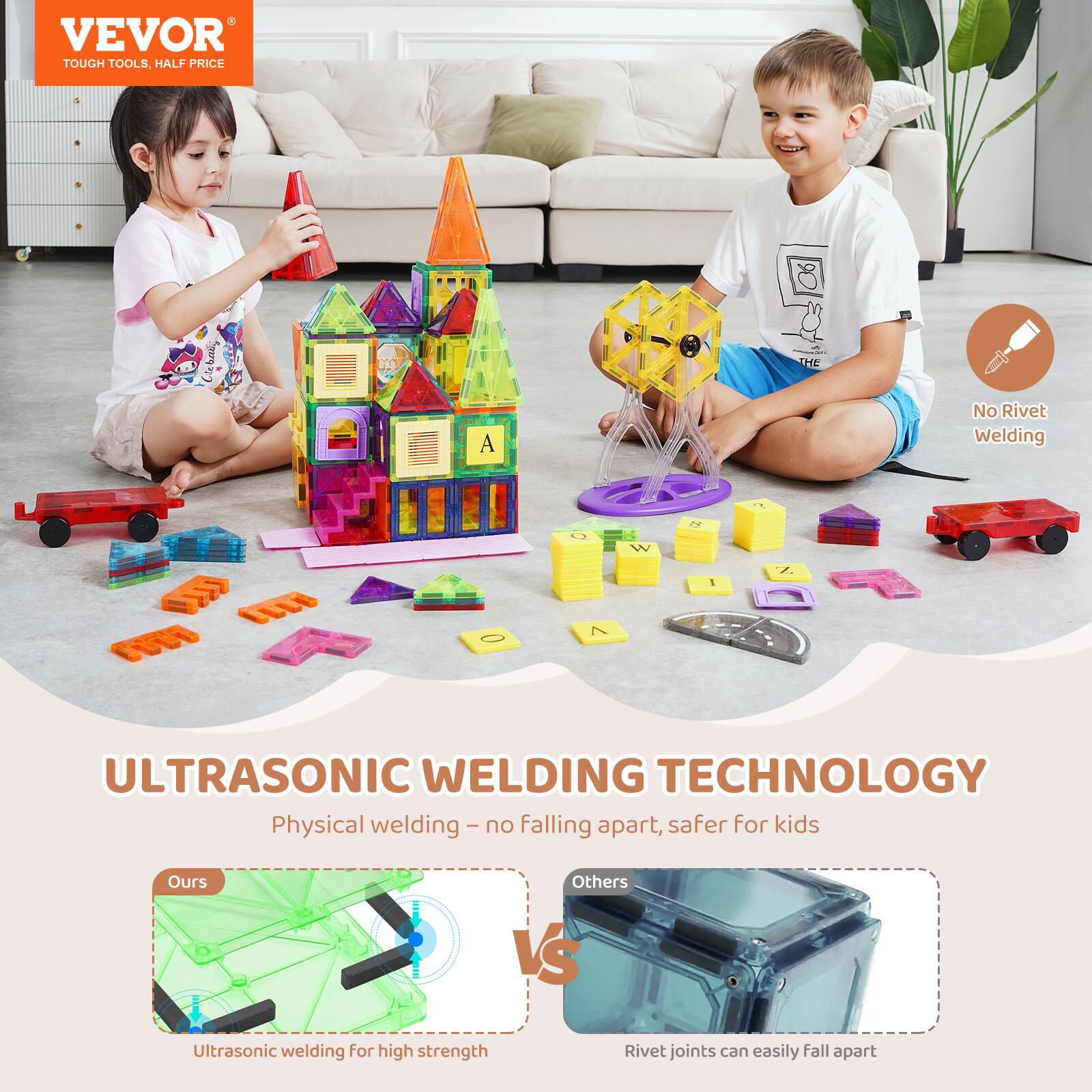 VEVOR  
TOUGH TOOLS, HALF PRICE  

ULTRASONIC WELDING TECHNOLOGY  
Physical welding - no falling apart, safer for kids  

Ours  
Ultrasonic welding for high strength  

Others  
Rivet joints can easily fall apart  

No Rivet Welding