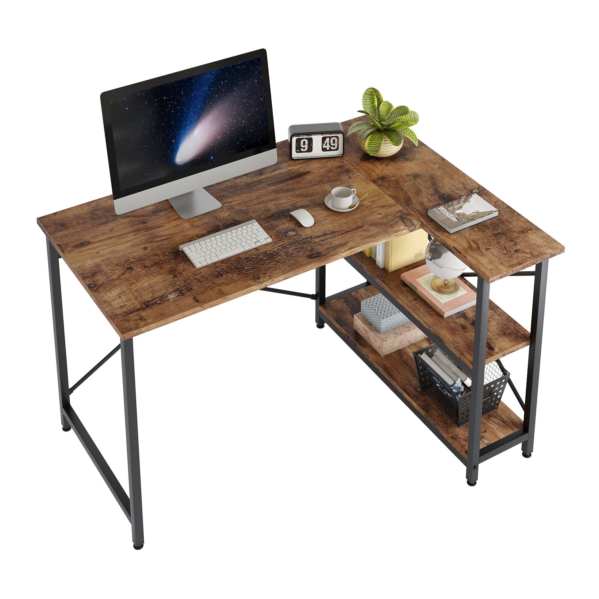 Left. Bestier - Bestier L-Shaped Corner Computer Desk with Storage Shelf - 48" wide - Rustic Brown.
