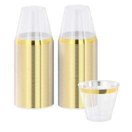 Elama - 100 Piece 9 Ounce Disposable Plastic Gold Rimmed Party Cup Set - Clear