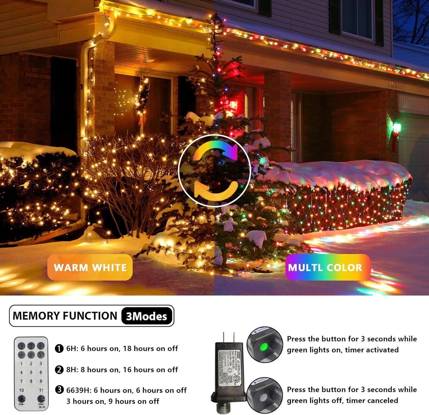 C WARM WHITE MULTL COLOR MEMORY FUNCTION 3 Modes

1. 6H: 6 hours on, 18 hours off
   - Press the button for 3 seconds while green lights on, timer activated

2. 8H: 8 hours on, 16 hours off

3. 6639H: 6 hours on, 6 hours off
   - 3 hours on, 9 hours off
   - Press the button for 3 seconds while green lights off, timer canceled