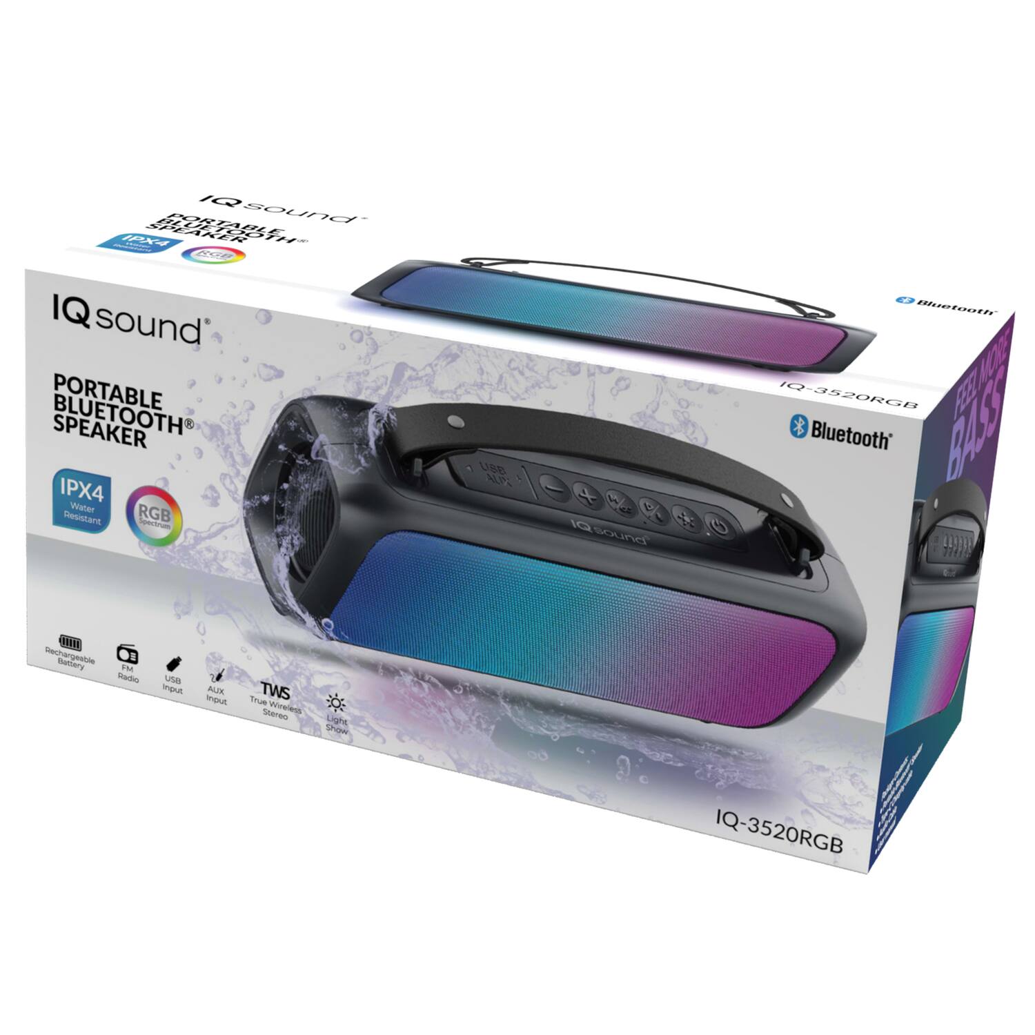 IQ sound  
PORTABLE BLUETOOTH SPEAKER  
IPX4 Water Resistant  
RGB  
Rechargeable Battery  
FM Radio  
USB Input  
AUX Input  
TWS True Wireless Stereo  
Light Show  
IQ-3520RGB
