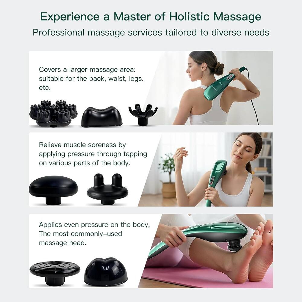 Experience a Master of Holistic Massage  
Professional massage services tailored to diverse needs  

Covers a larger massage area: suitable for the back, waist, legs, etc.  

Relieve muscle soreness by applying pressure through tapping on various parts of the body.  

Applies even pressure on the body, The most commonly-used massage head.