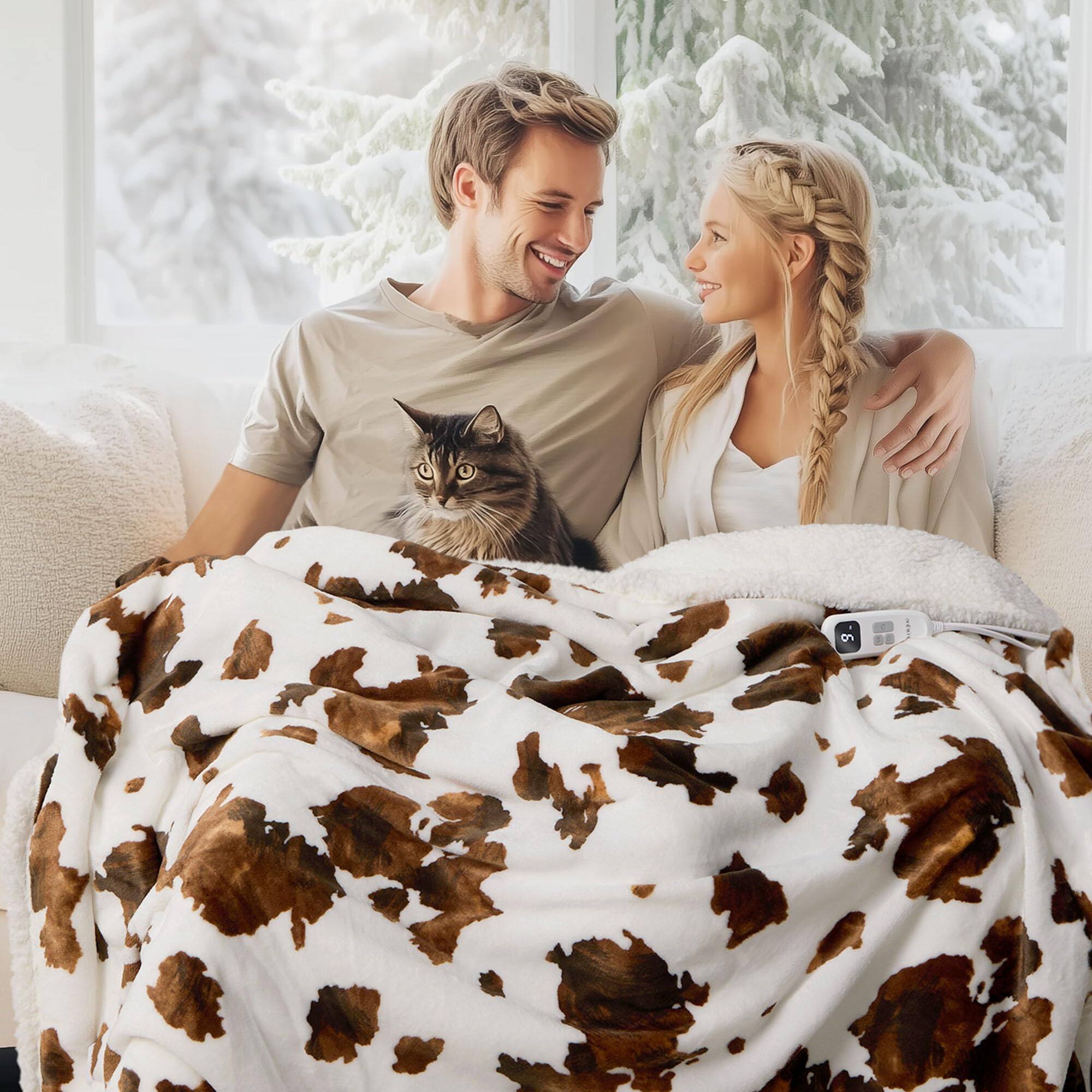 Alt View 5. Fabibe - Cow Print Heated Throw Blanket 50" X 60" - Electric With 10 Heat Settings & 4 Timer Options Etl Certified Safe - Cow Print, Berry Purple-Throw.