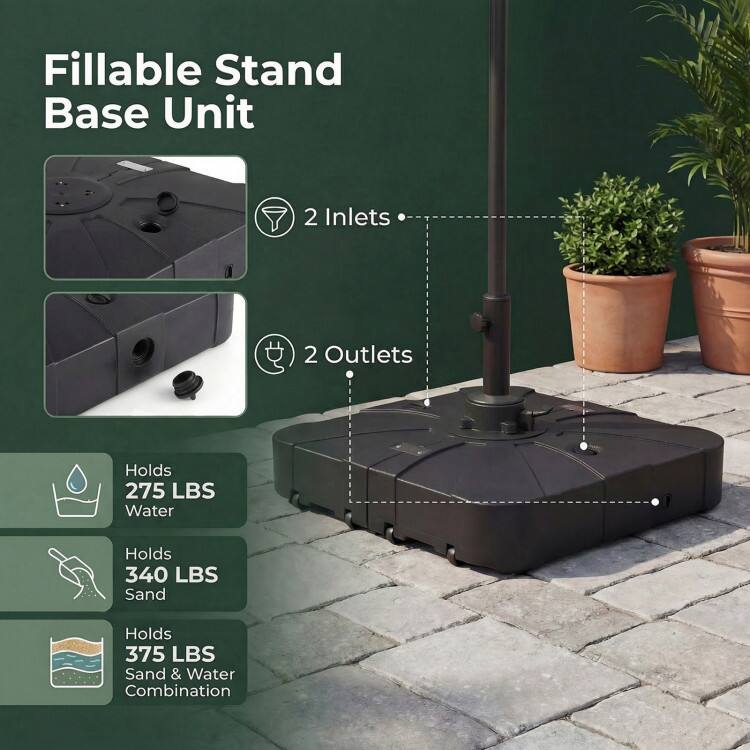 Fillable Stand Base Unit  
2 Inlets  
2 Outlets  
Holds 275 LBS Water  
Holds 340 LBS Sand  
Holds 375 LBS Sand & Water Combination