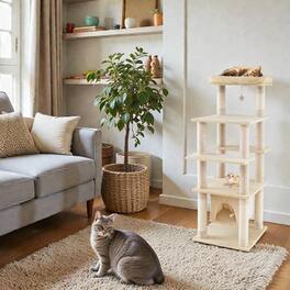 BreeBe - Multi-Tier Cat Tower, 58 Inches High, with Hanging Condo and Plush Bed - Beige