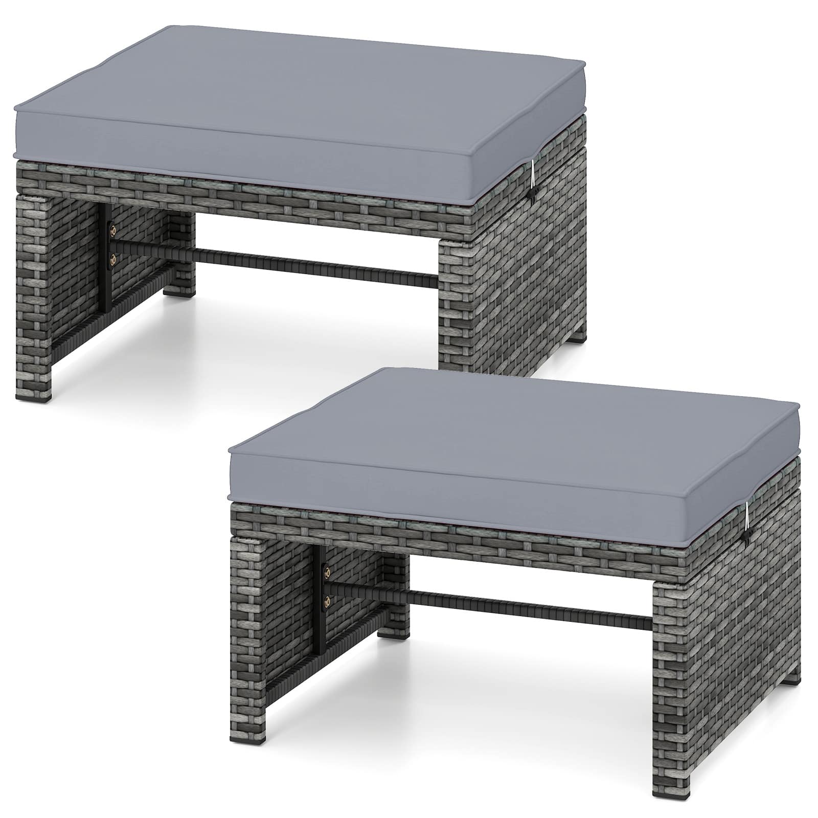 Gymax - 2 Pieces Patio PE Rattan Ottomans with Soft Zippered Cushions for Deck - Gray