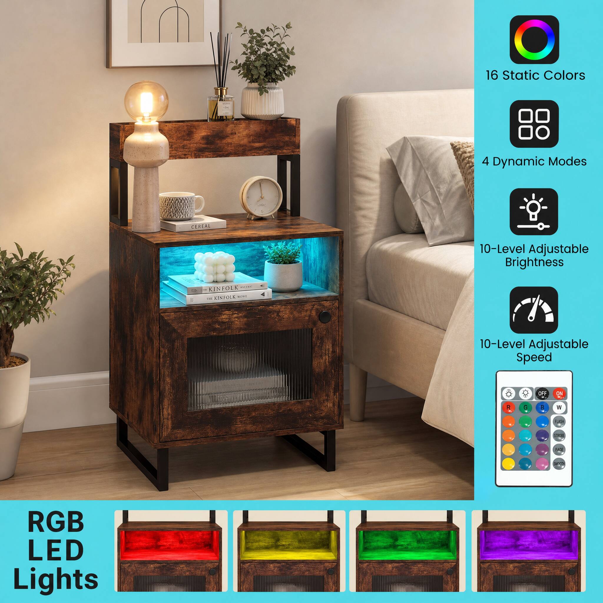 16 Static Colors  
4 Dynamic Modes  
10-Level Adjustable Brightness  
10-Level Adjustable Speed  
RGB LED Lights
