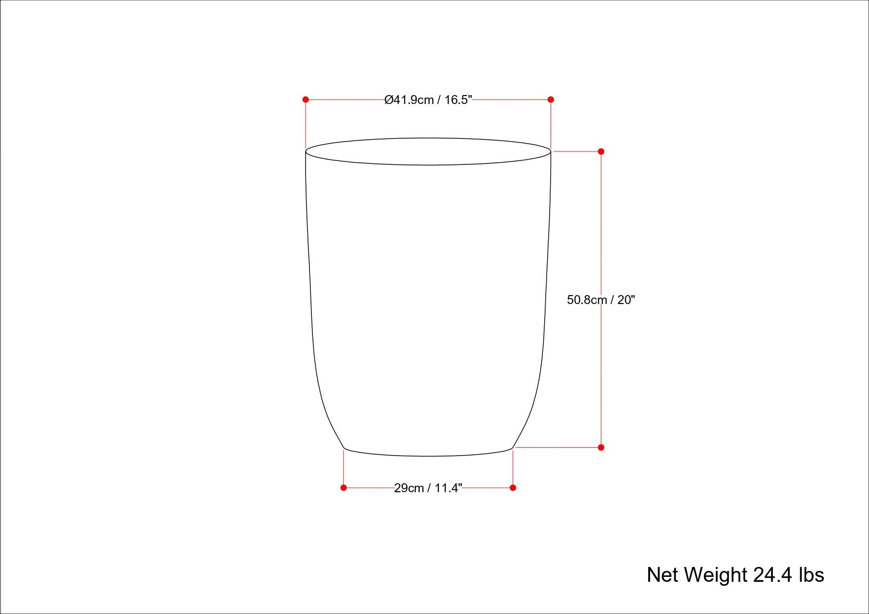 41.9cm / 16.5"  
50.8cm / 20"  
29cm / 11.4"  
Net Weight 24.4 lbs