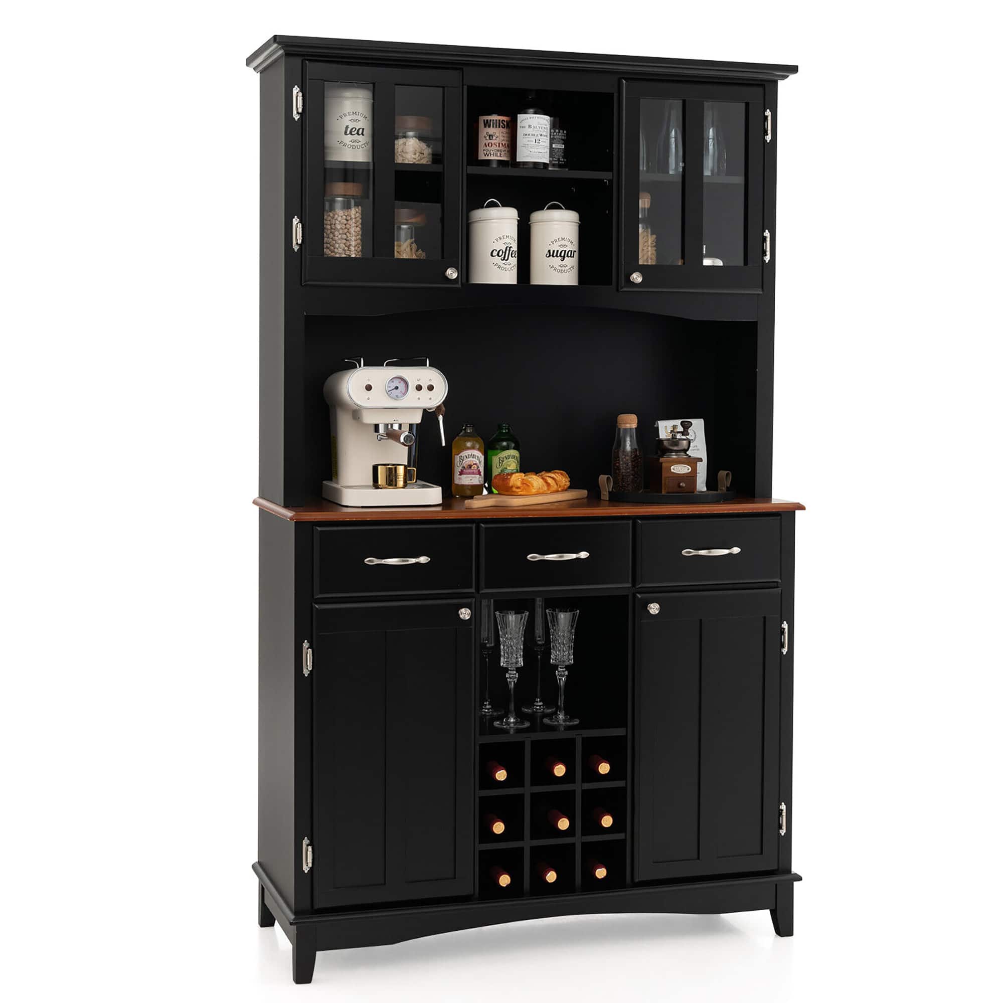 Gymax - Buffet And Hutch Kitchen Storage Cabinet Cupboard w/ Wine Rack & Drawers - Black