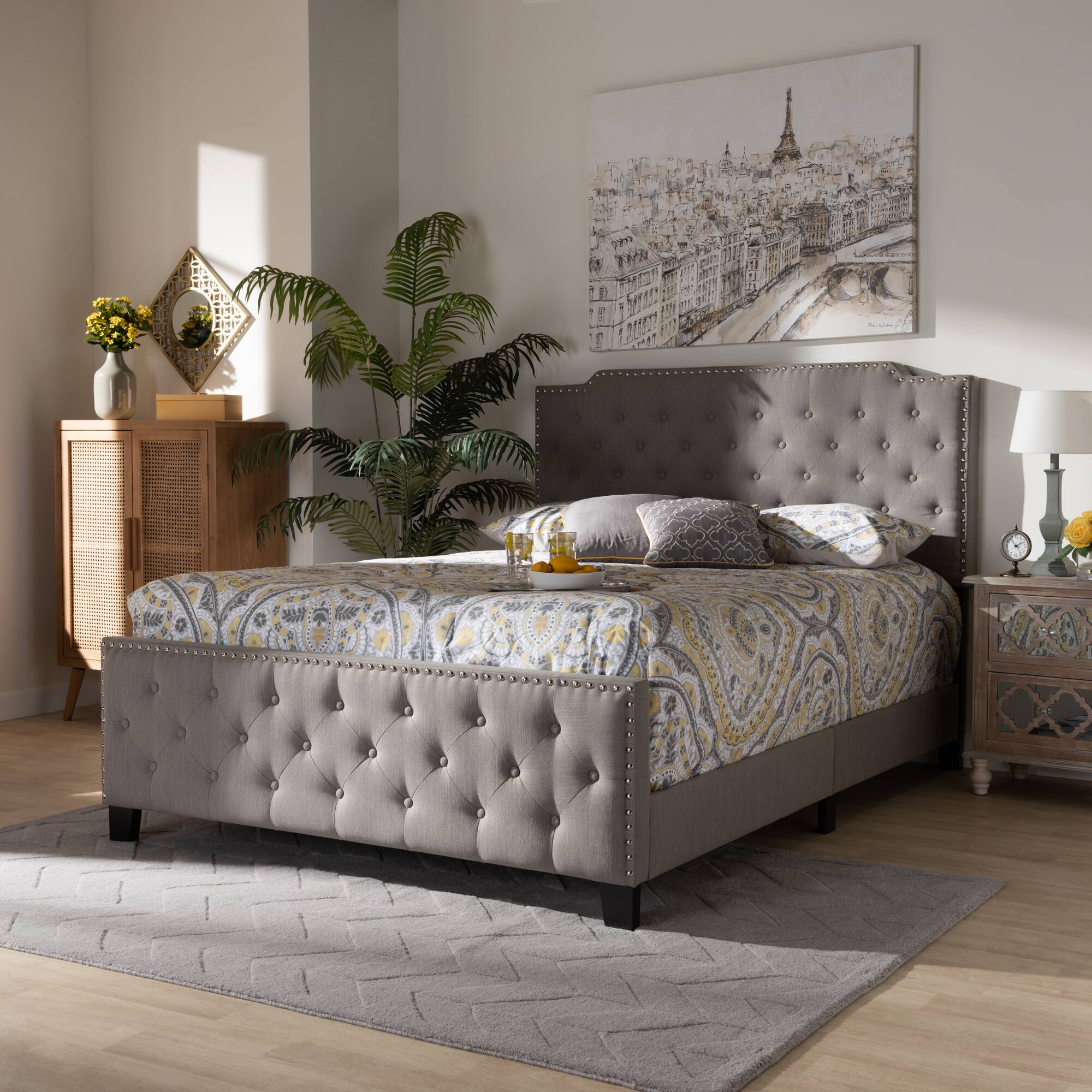 Alt View 2. Baxton Studio - Marion Modern Transitional Fabric Upholstered Button Tufted Full Size Panel Bed - Grey/Black.