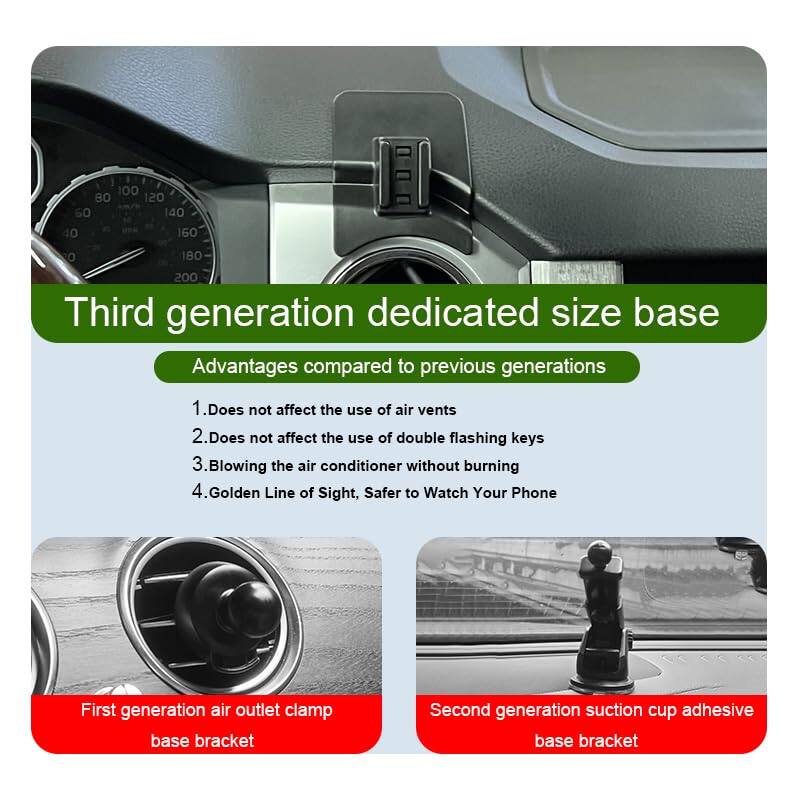 Third generation dedicated size base

Advantages compared to previous generations
1. Does not affect the use of air vents
2. Does not affect the use of double flashing keys
3. Blowing the air conditioner without burning
4. Golden Line of Sight, Safer to Watch Your Phone

First generation air outlet clamp base bracket

Second generation suction cup adhesive base bracket