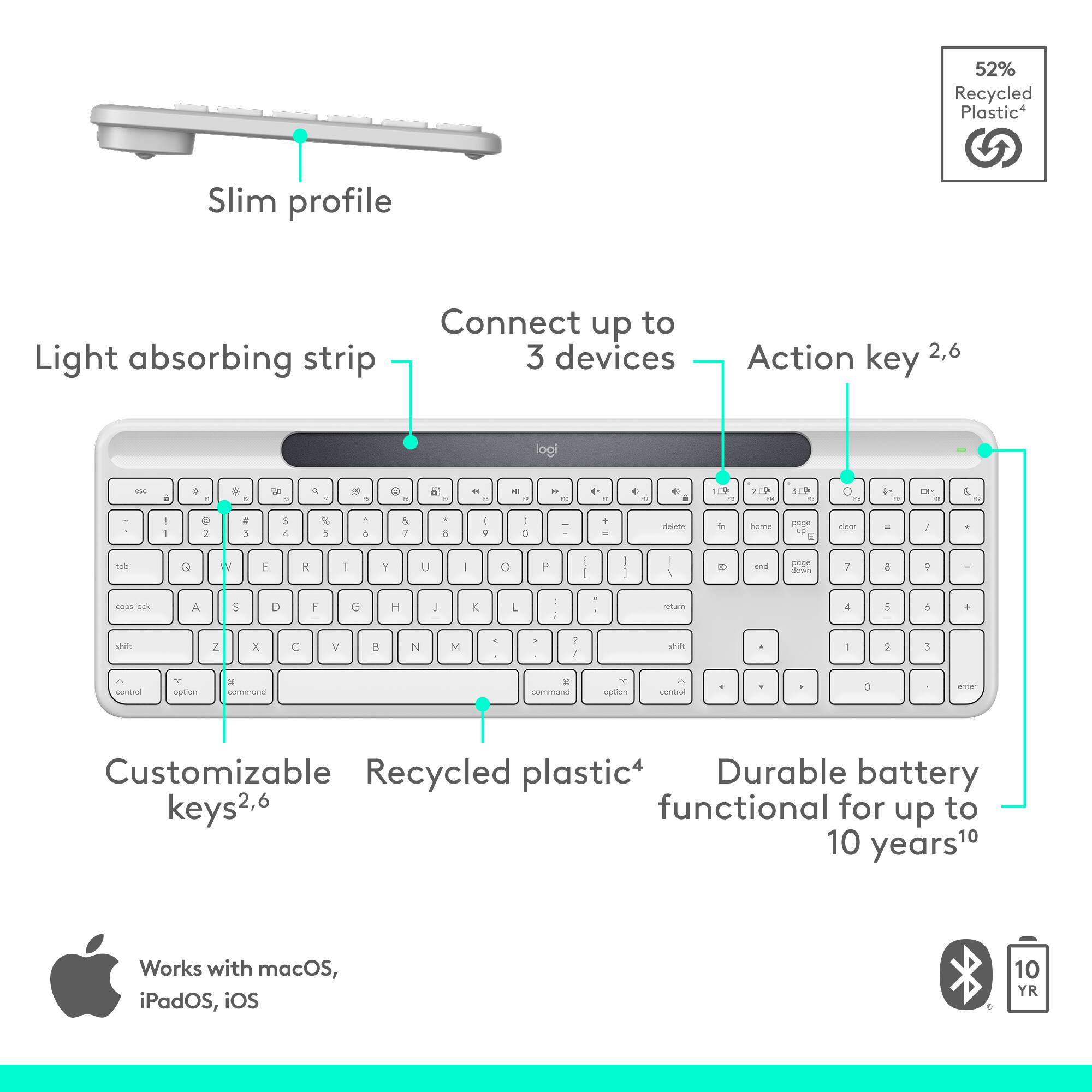 52% Recycled Plastic Slim profile Light absorbing strip Connect up to 3 devices Action key 2,6 Customizable Recycled plastic4 Durable battery functional for up to 10 years10 Works with macOS, iPadOS, iOS 10 YR