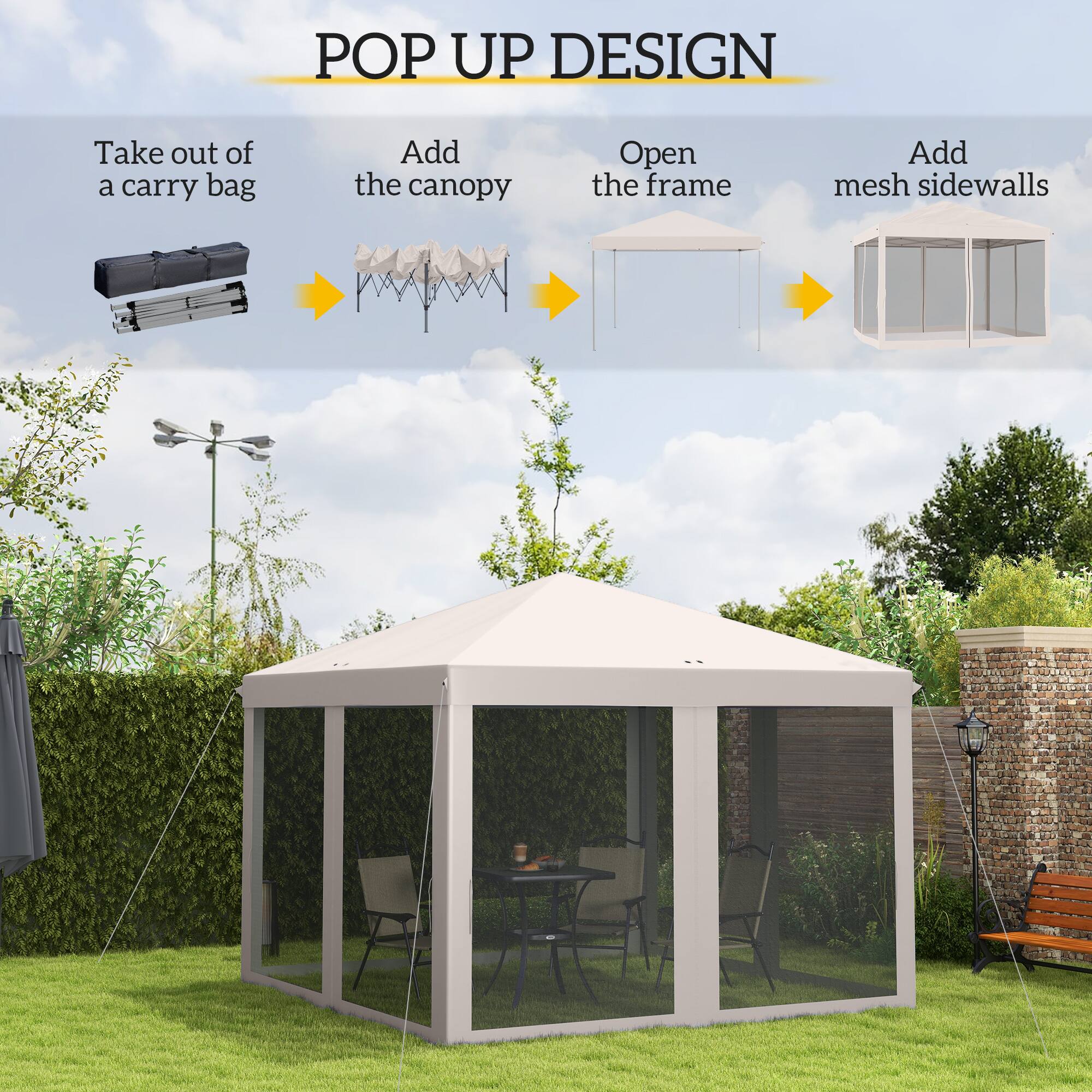 POP UP DESIGN

Take out of a carry bag
Add the canopy
Open the frame
Add mesh sidewalls