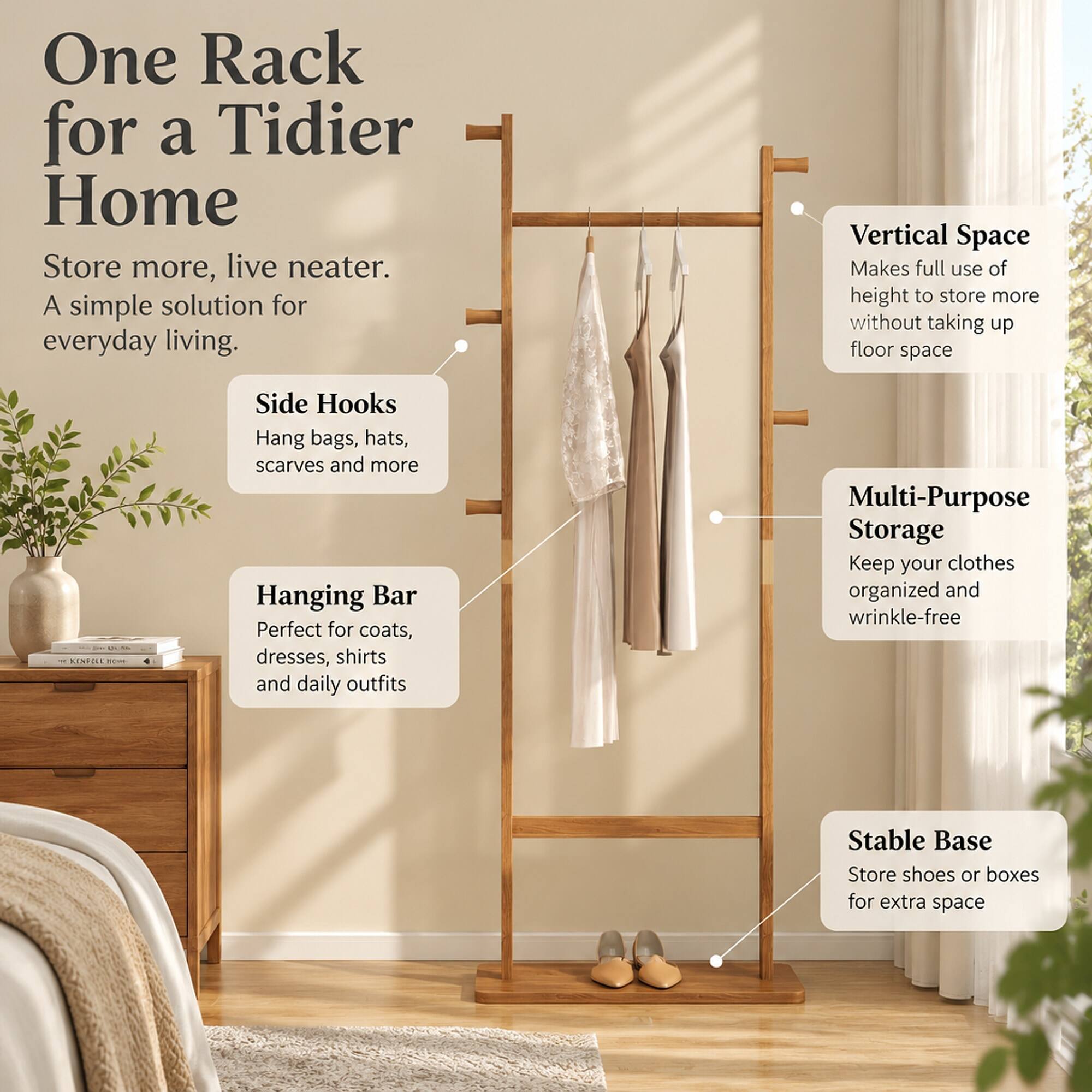 RYHNUYNE Solid Wood Coat Stand, 23.6 x 11 x 71 in, Natural Finish ...
