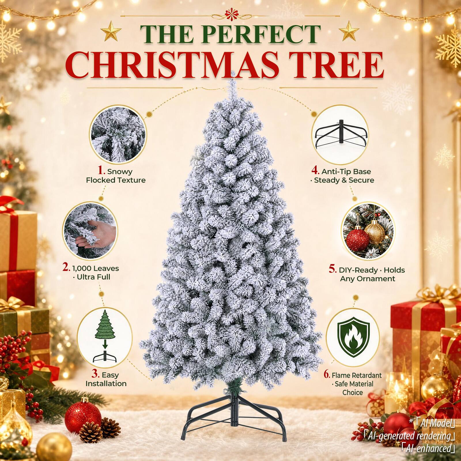 CloudRest Pro 6 ft Snow Flocked Artificial Christmas Tree 1000+ Branch ...