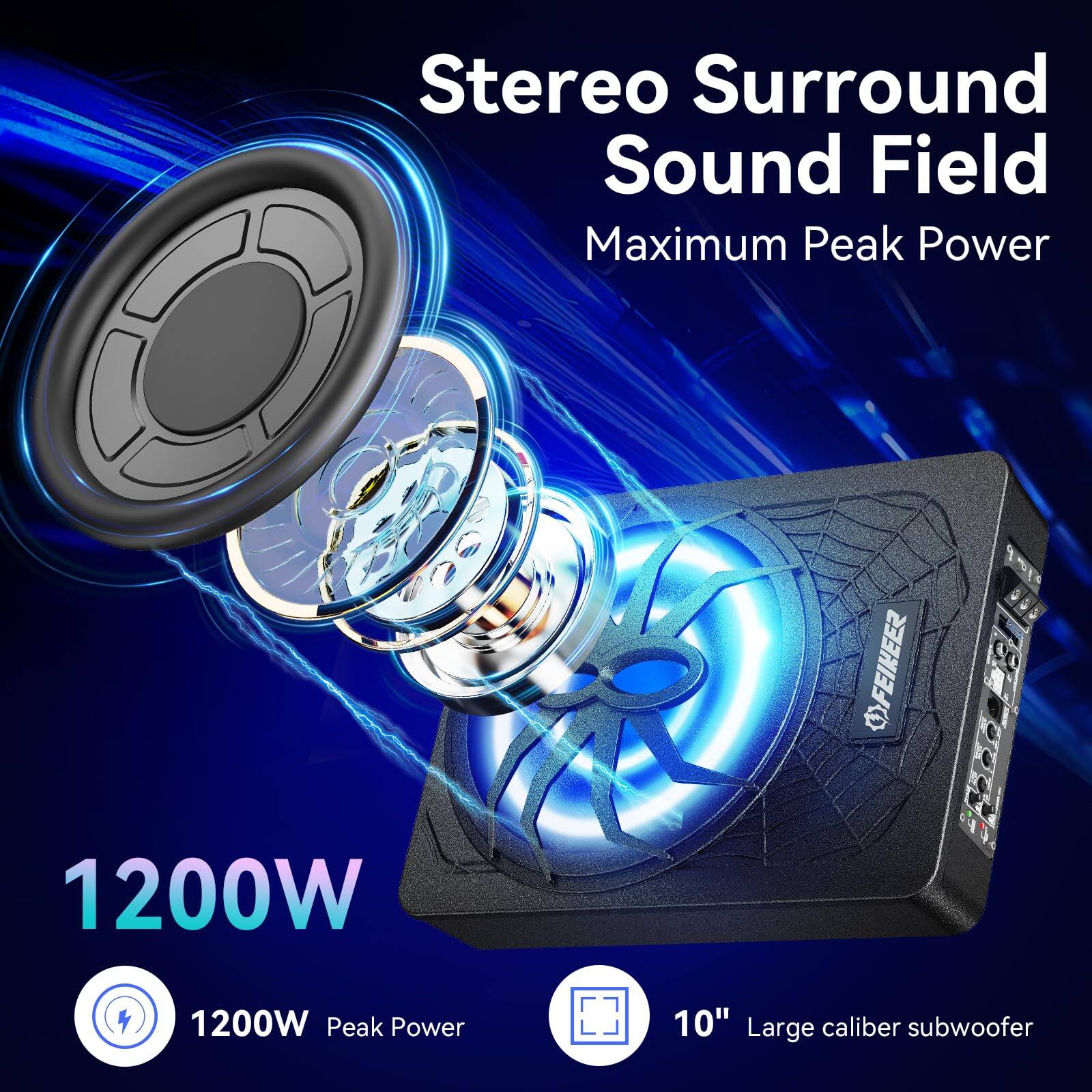 Stereo Surround Sound Field  
Maximum Peak Power  

1200W  
1200W Peak Power  

10" Large caliber subwoofer