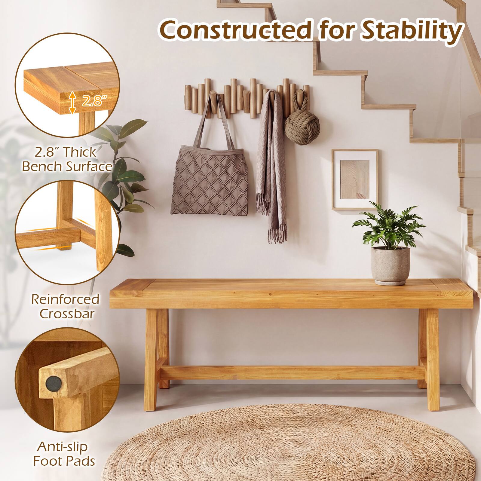 Constructed for Stability

- 2.8" Thick Bench Surface
- Reinforced Crossbar
- Anti-slip Foot Pads