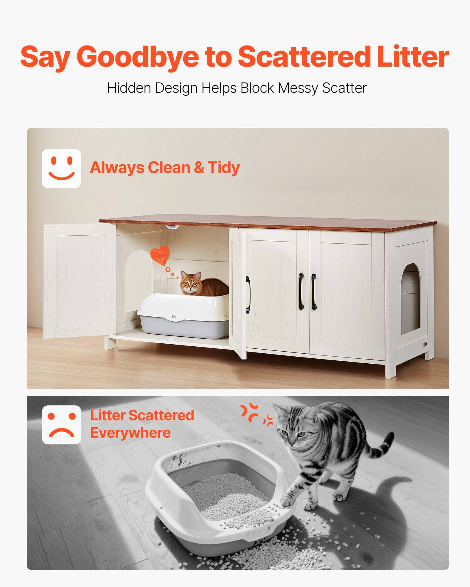 Say Goodbye to Scattered Litter  
Hidden Design Helps Block Messy Scatter  

Always Clean & Tidy  

Litter Scattered Everywhere