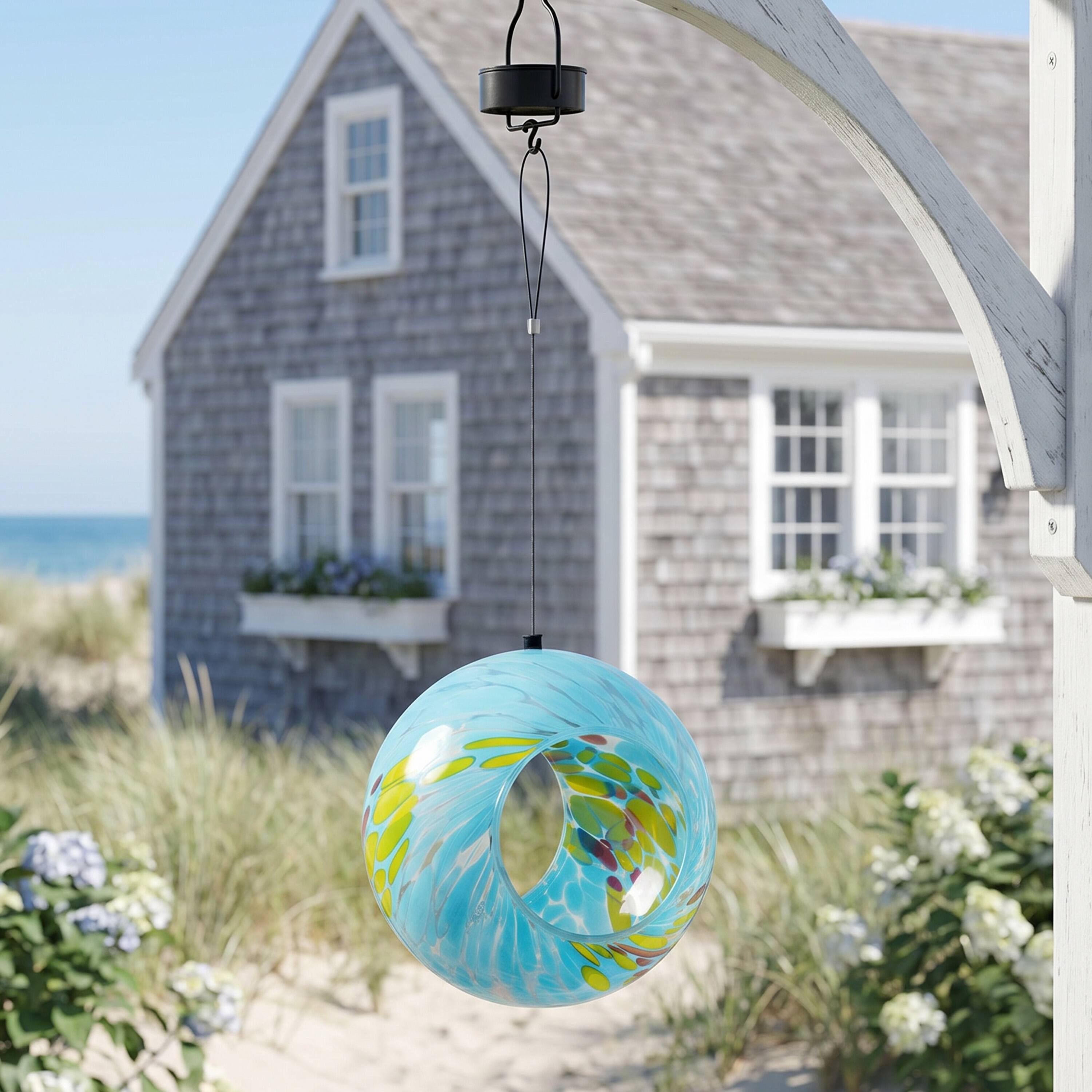 Alt View 7. Sunnydaze - Solar Glass Fly-Through Hanging Bird Feeder - 6" - Spring Sky.