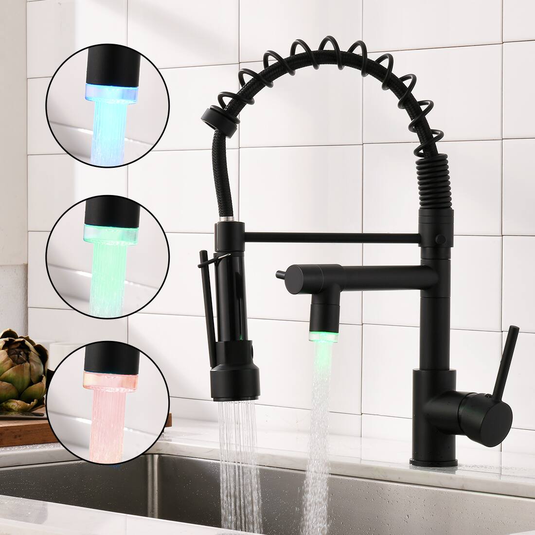 LED Commercial Kitchen Faucet with Pull Down Sprayer Single Handle Single Lever Kitchen Sink Faucet