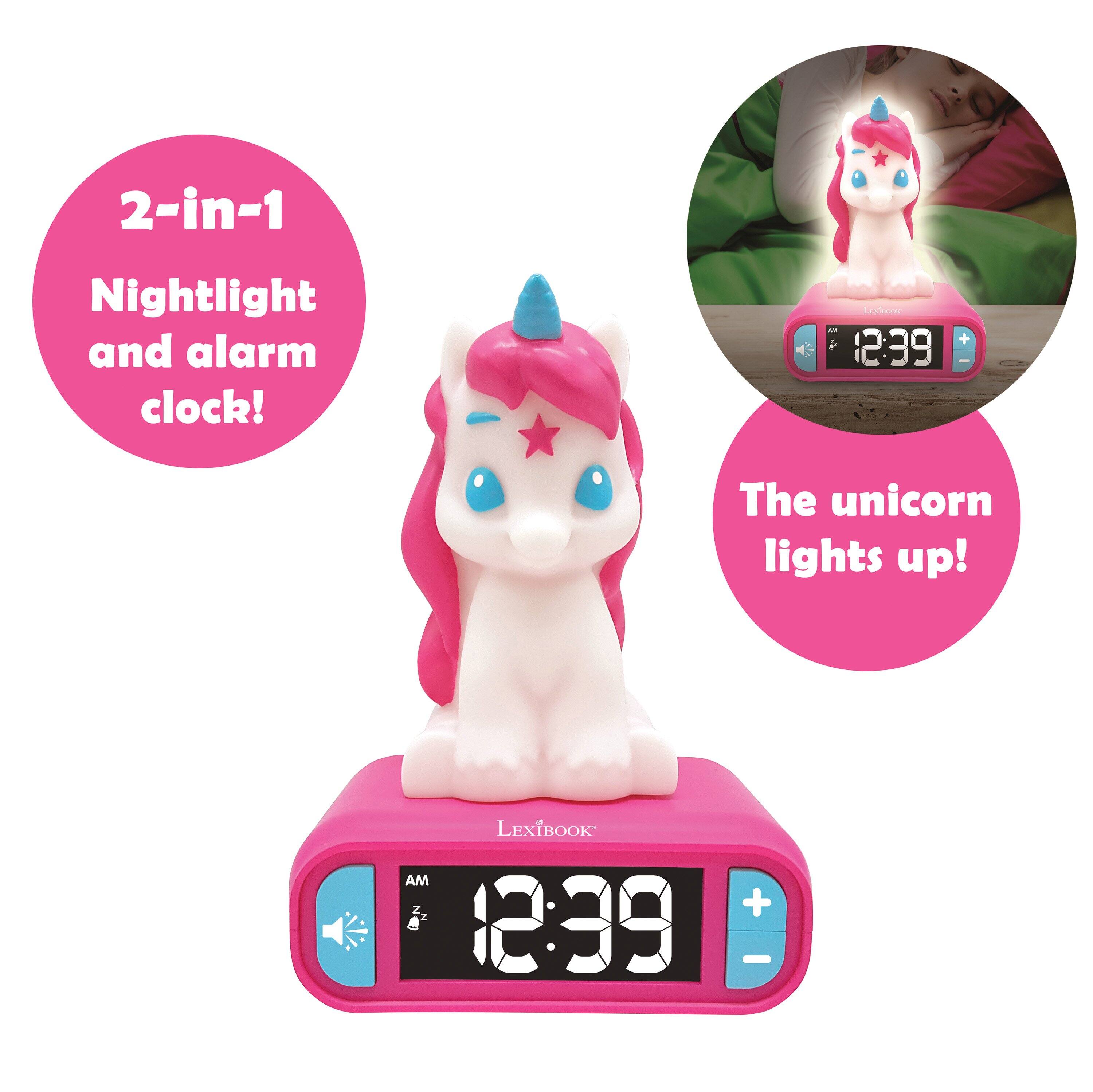 2-in-1 Nightlight and alarm clock!  
The unicorn lights up!