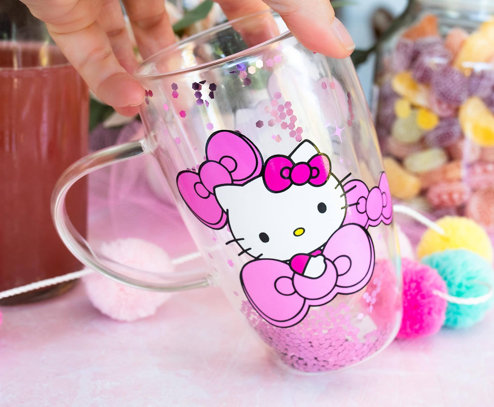 Alt View 2. Silver Buffalo - Sanrio Hello Kitty Bows and Stars Confetti Glass Mug | Holds 15 Ounces - Pink.