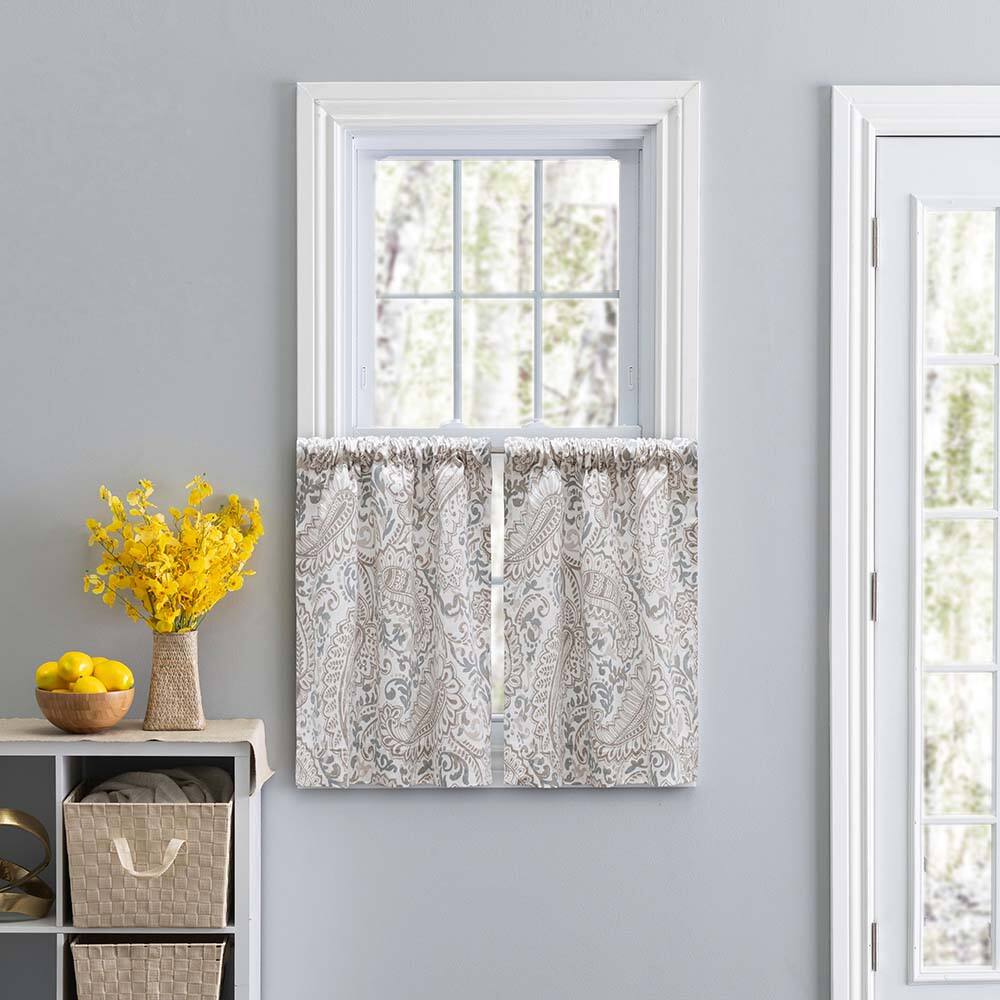 Angle. Ellis Curtain - Ellis Shannon Printed Paisley Pattern on Cotton Fabric Tailored Tiers 1.5" Rod Pocket 50"x24" Natural - Natural.