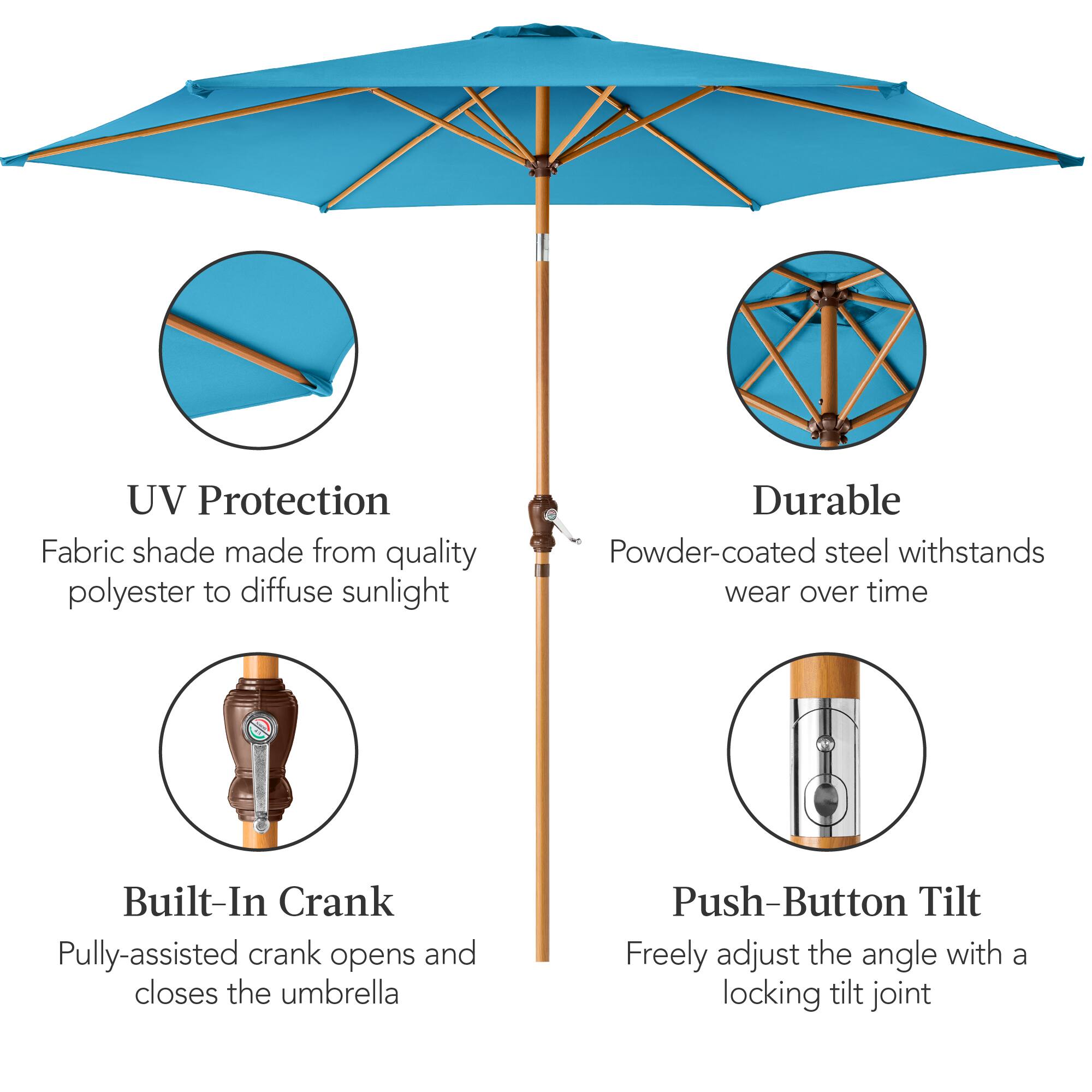 UV Protection: Fabric shade made from quality polyester to diffuse sunlight.

Durable: Powder-coated steel withstands wear over time.

Built-In Crank: Pulley-assisted crank opens and closes the umbrella.

Push-Button Tilt: Freely adjust the angle with a locking tilt joint.