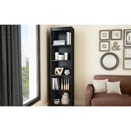 Front. Hivvago - 5-Shelf Narrow Bookcase Black Finish - Black Finish.