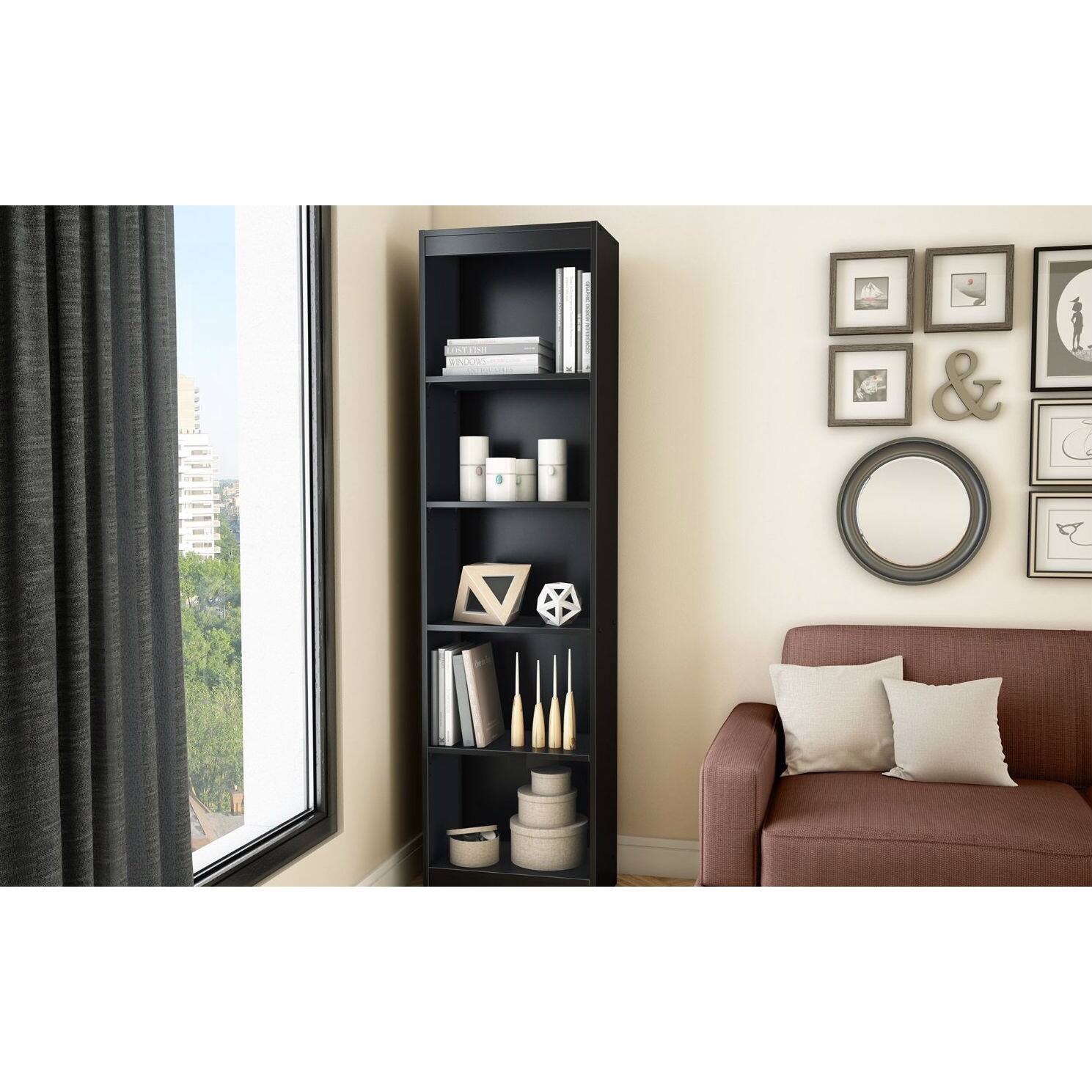 Front. Hivvago - 5-Shelf Narrow Bookcase Black Finish - Black Finish.