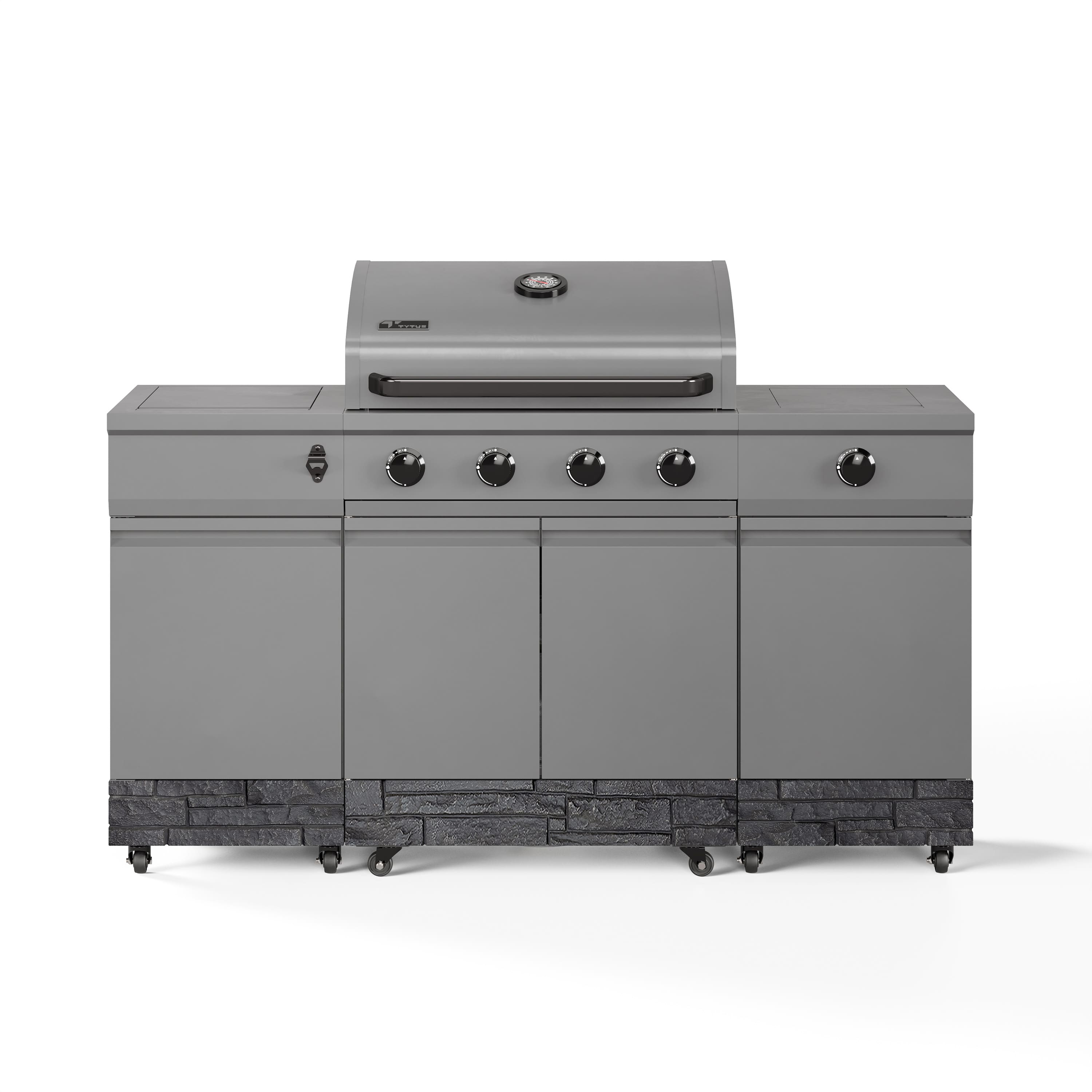 Angle. TYTUS Grills - Fresno Series Graphite Stacked Stone Island Grill - Gunmetal Gray.