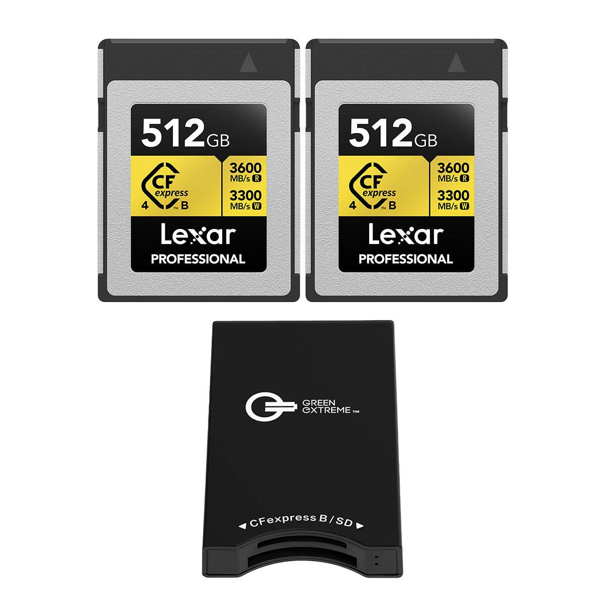 512GB 3600 MB/s R CF express 3300 4 N MB/s W Lexar PROFESSIONAL  
GREEN EXTREME™  
CFexpress B/SD