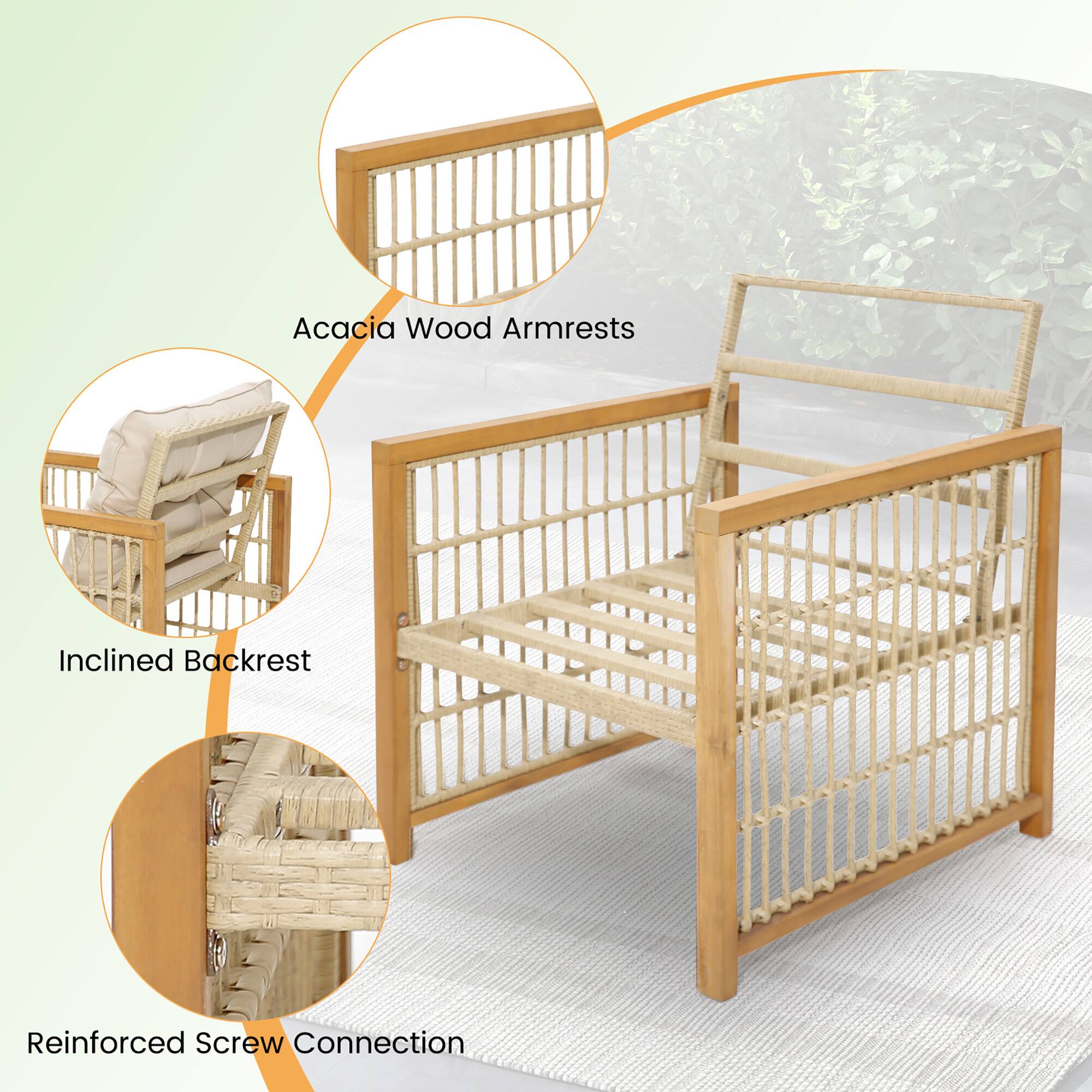 Acacia Wood Armrests, Inclined Backrest, Reinforced Screw Connection