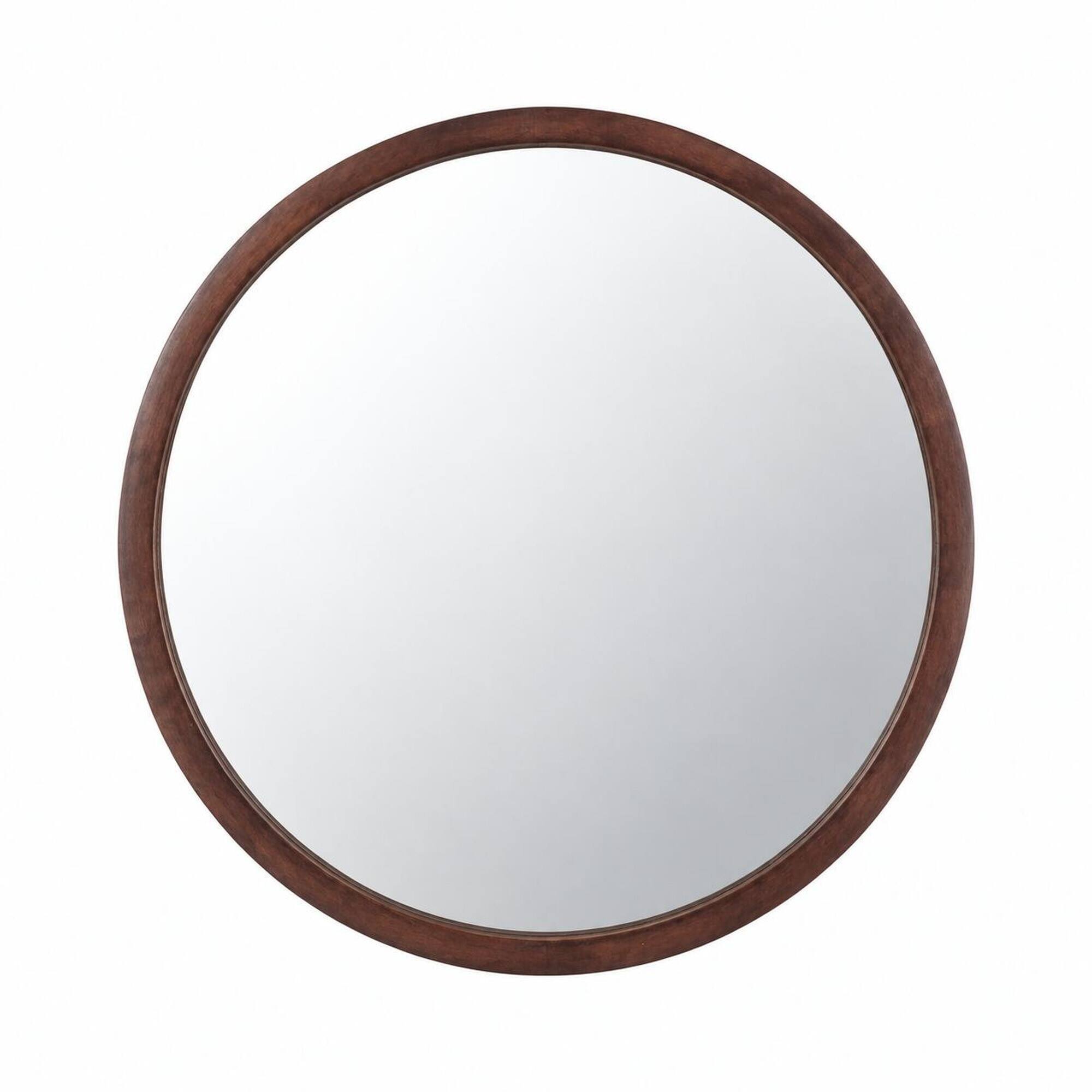 Front. RYHNUYNE - 20 in Round Wall Mirror, Walnut Finish Wood Frame, 4.2 lbs, Modern Circle Mirror for Living Room and Bedroom - Brown.