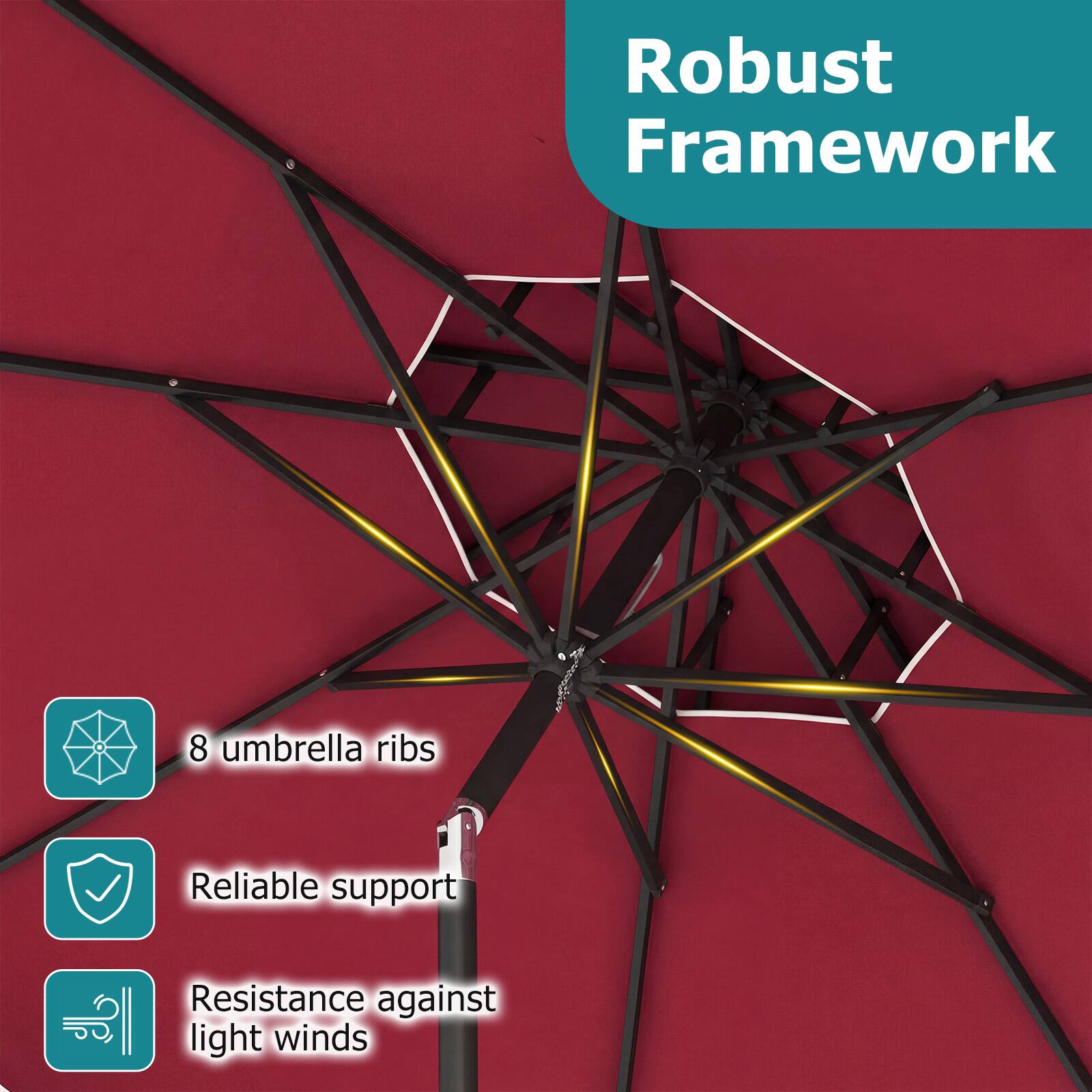 Robust Framework

- 8 umbrella ribs
- Reliable support
- Resistance against light winds