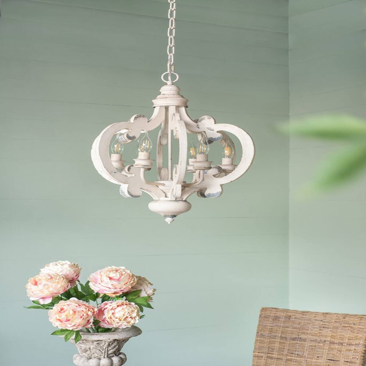 Loheer - French Country Chandelier, Six Light Whitewashed Wood Fixture with Adjustable Chain