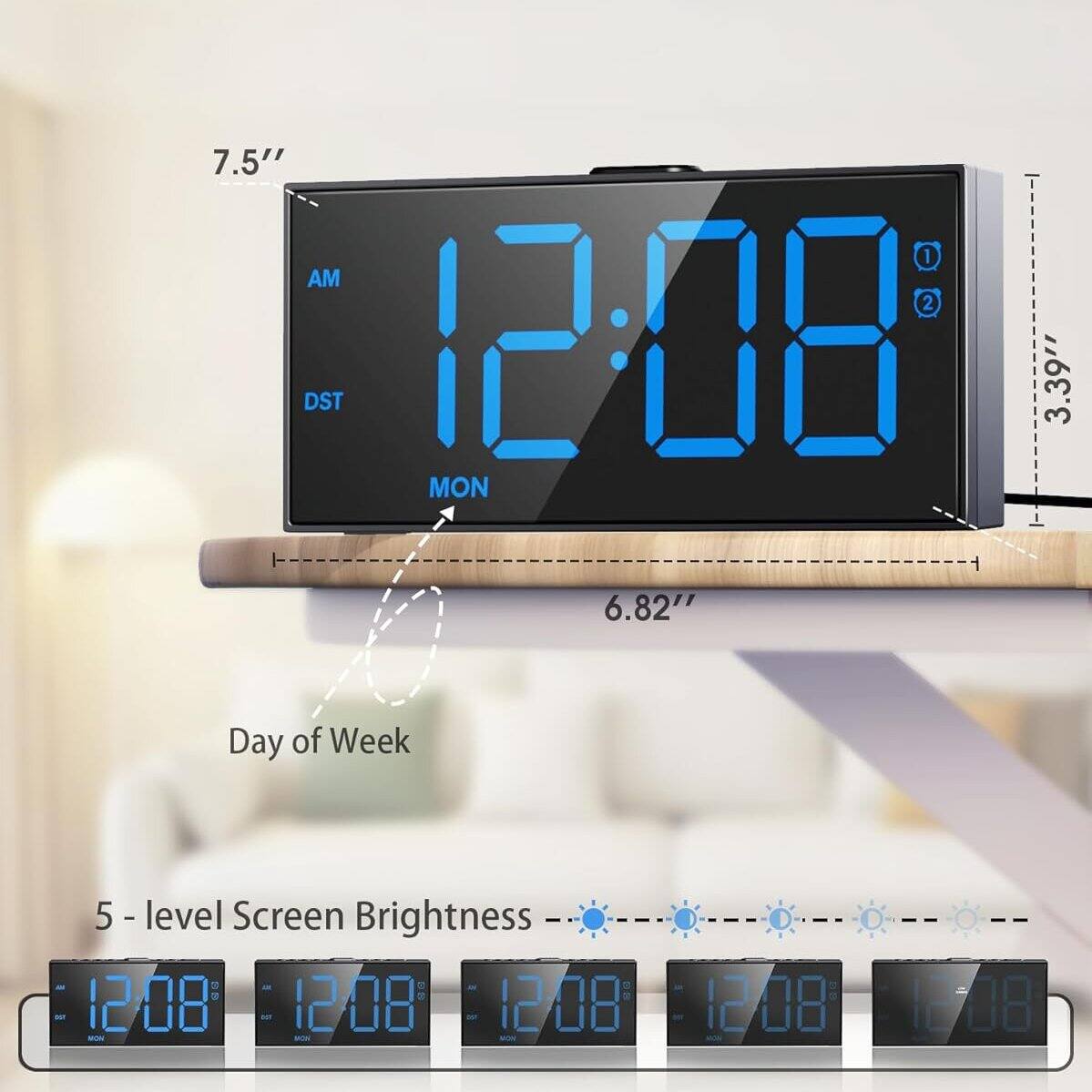7.5"  
1 AM  
12:08  
DST  
MON  
3.39"  
6.82"  
Day of Week  
5 - level Screen Brightness