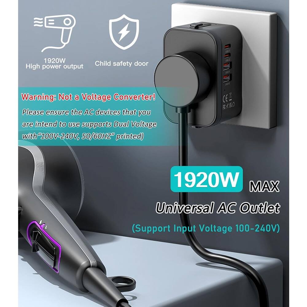 1920W High power output  
Child safety door  

Warning: Not a Voltage Converter!  
Please ensure the AC devices that you are intend to use supports Dual Voltage with "100V-240V, 50/60HZ" printed  

1920W MAX  
Universal AC Outlet  
(Support Input Voltage 100-240V)