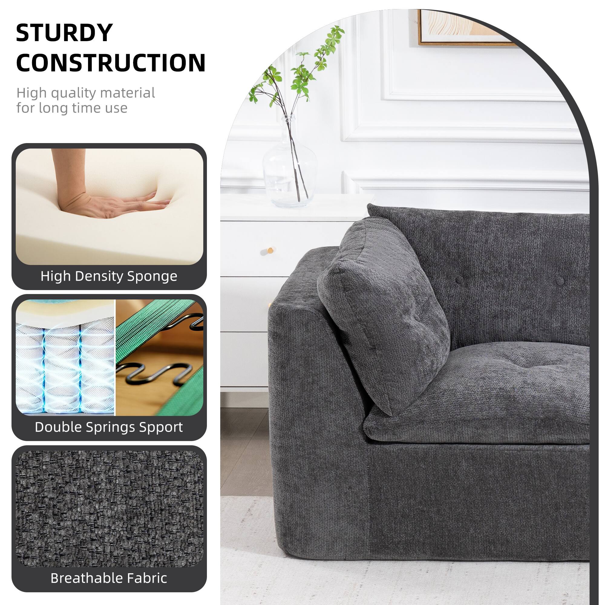 STURDY CONSTRUCTION  
High quality material for long time use  

- High Density Sponge  
- Double Springs Support  
- Breathable Fabric